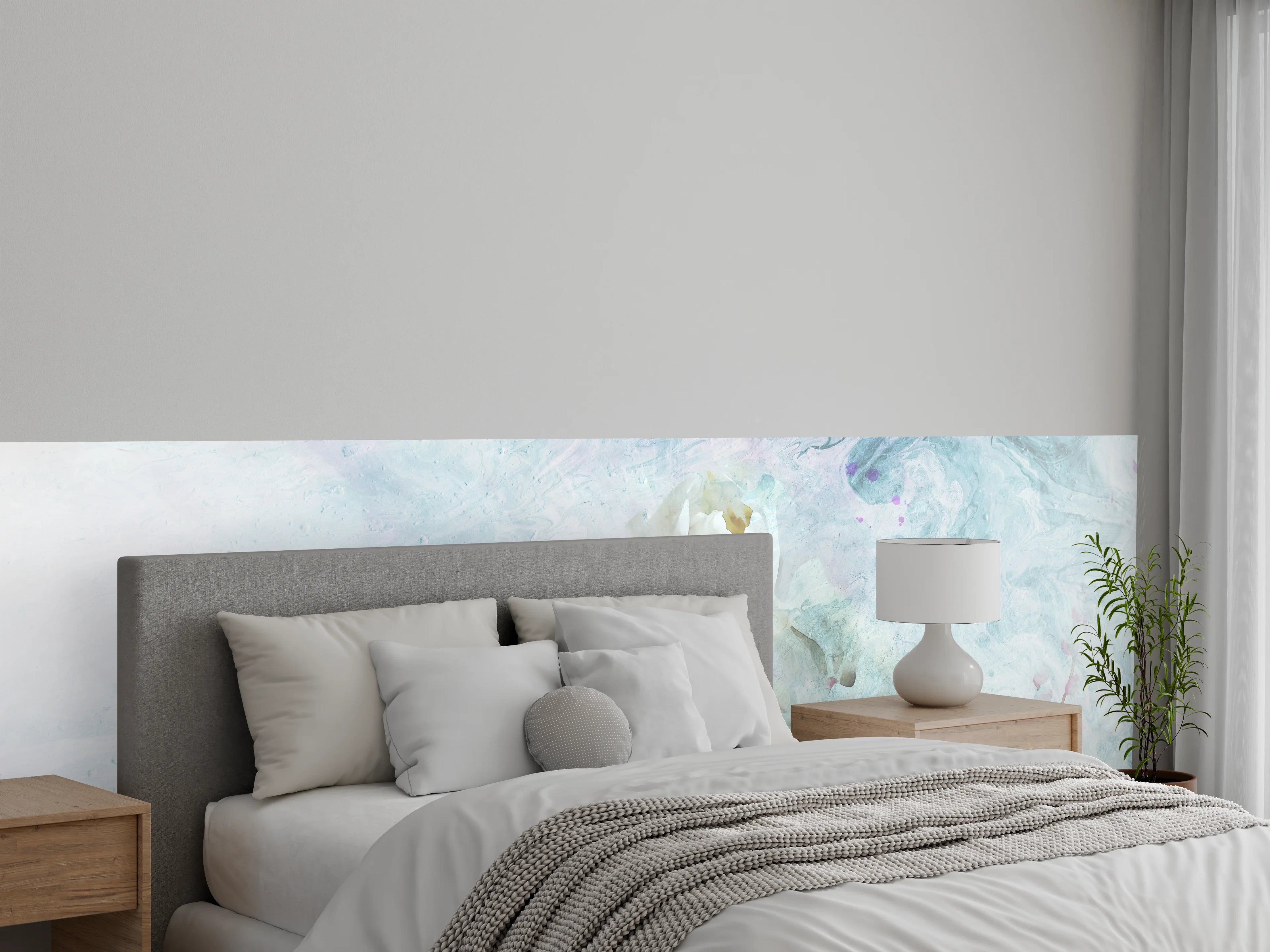 Wandverkleidung Schlafzimmer - Graue Blüten auf Marmorhauch