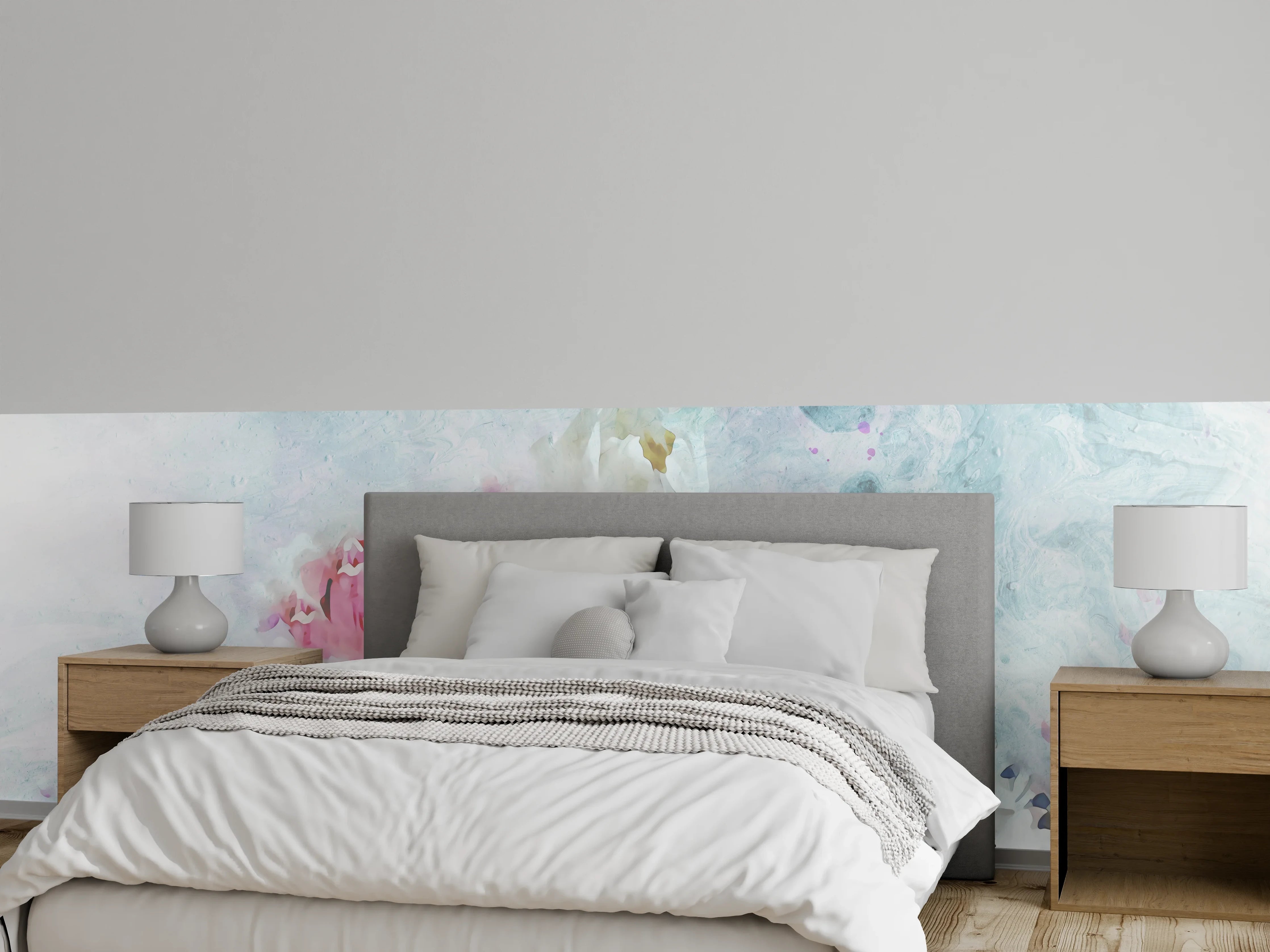 Wandverkleidung Schlafzimmer - Graue Blüten auf Marmorhauch