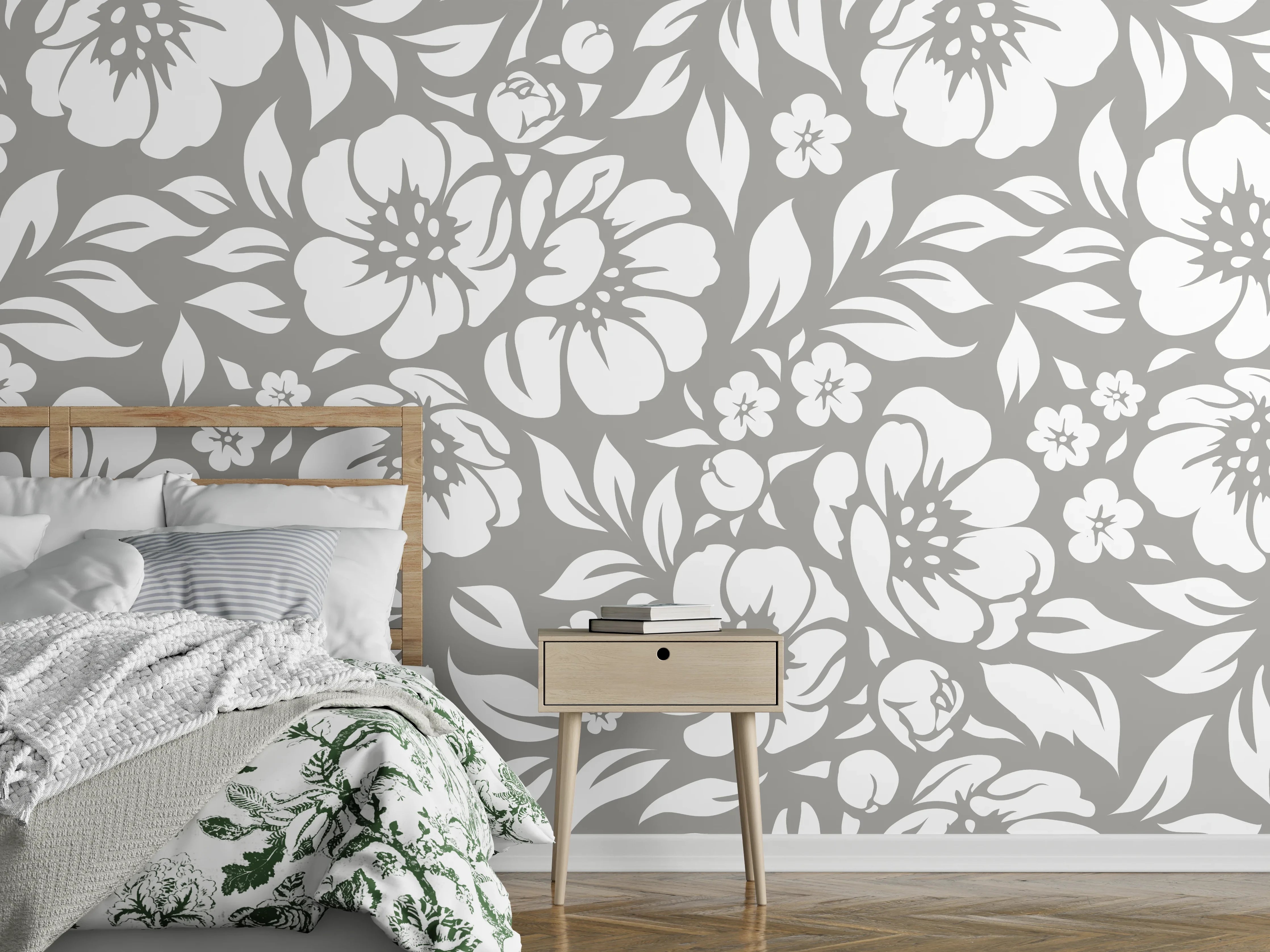 Wandverkleidung Schlafzimmer - Graue Blüten im Weißglanz