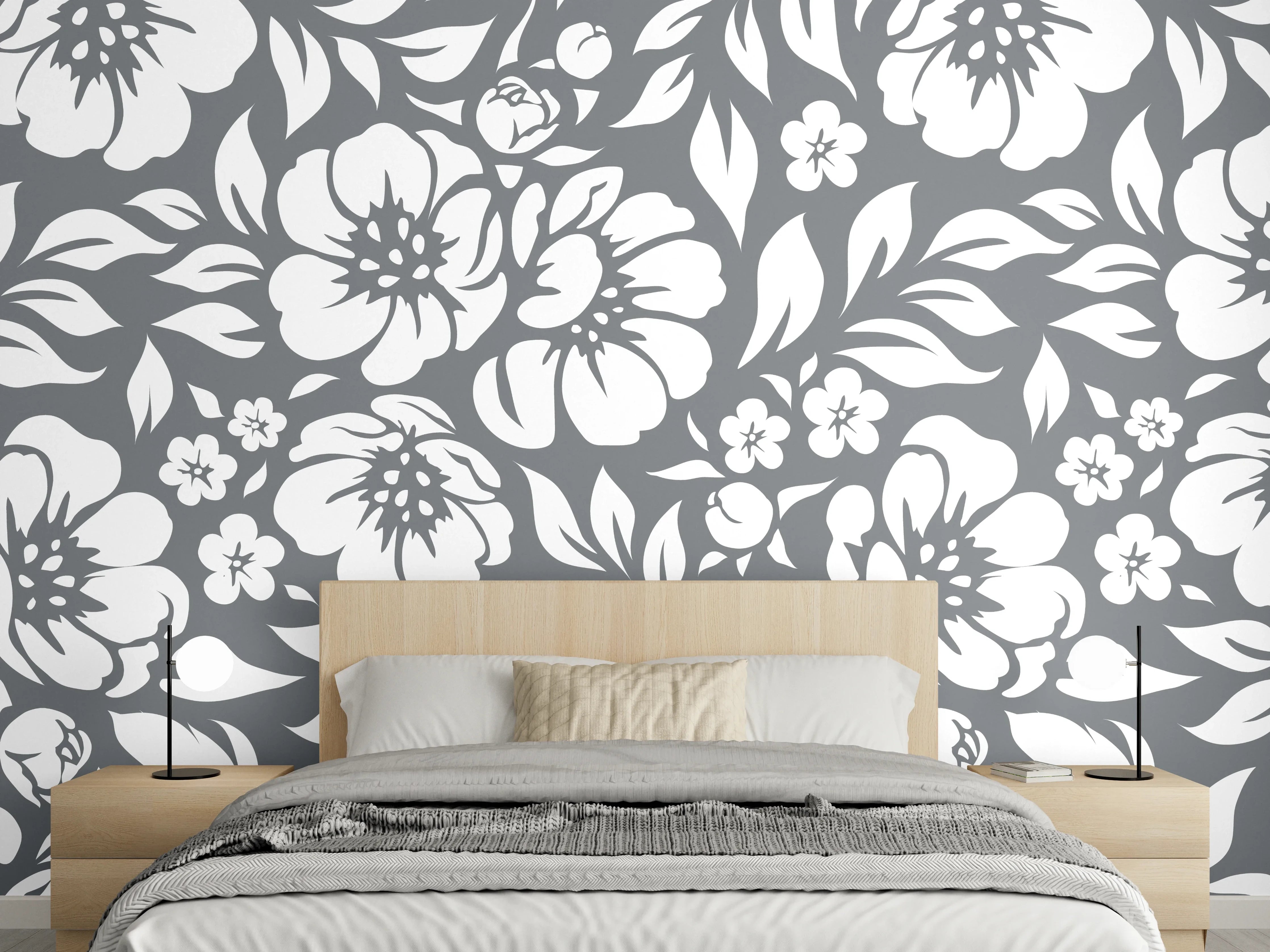 Wandverkleidung Schlafzimmer - Graue Blumen im Schwarz-Weiß-Design