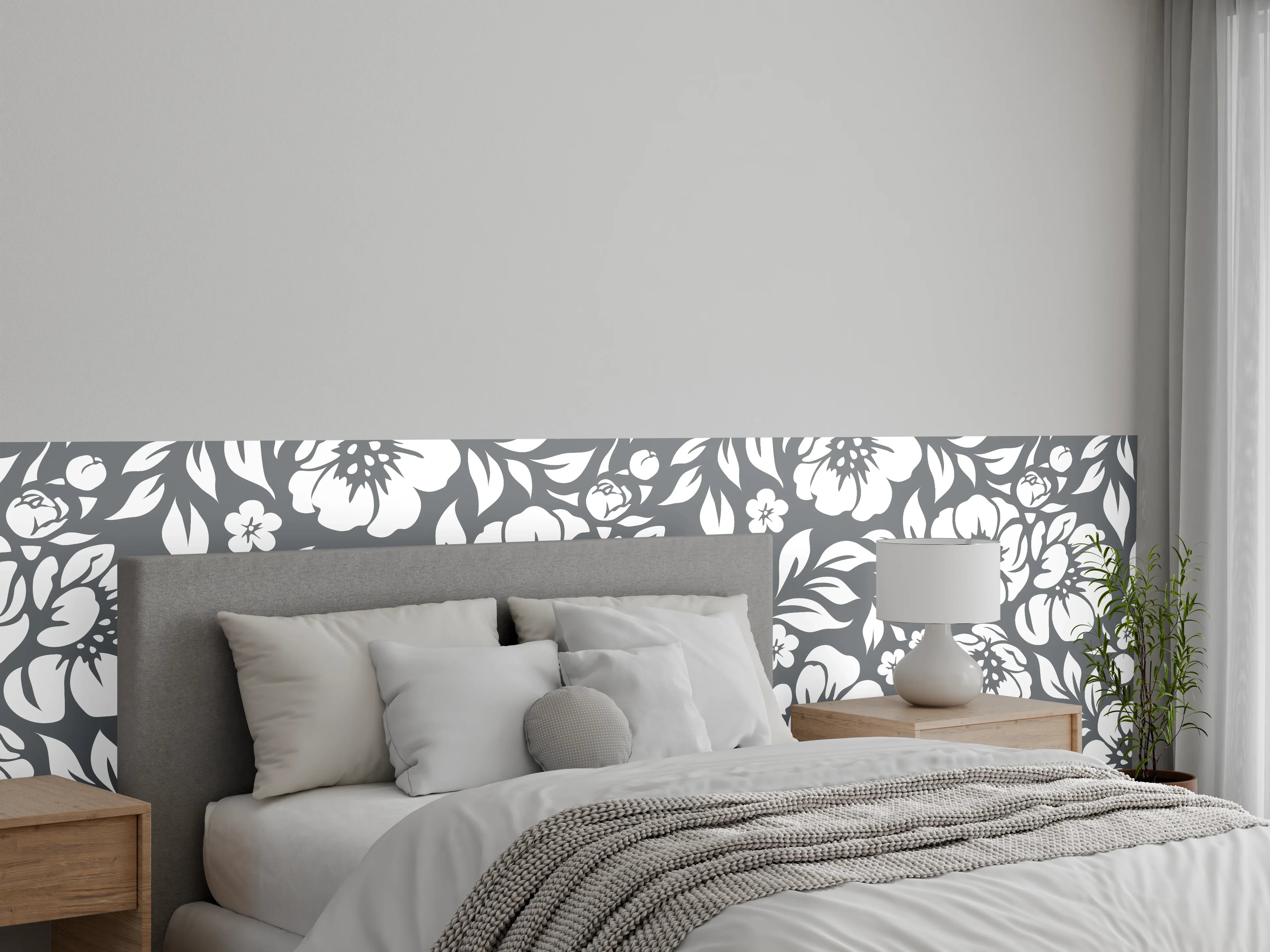 Wandverkleidung Schlafzimmer - Graue Blumen im Schwarz-Weiß-Design