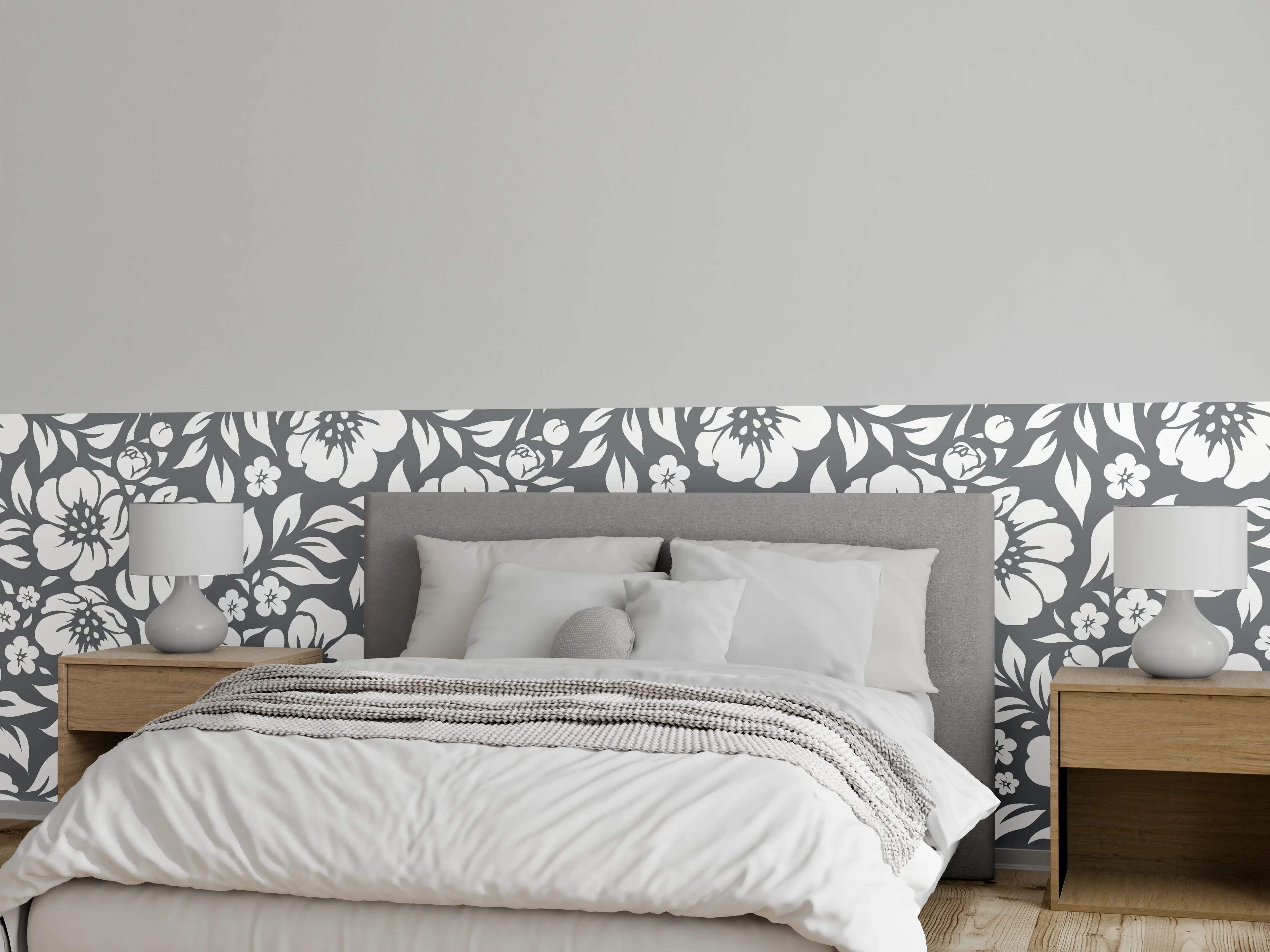 Wandverkleidung Schlafzimmer - Graue Blumen im Schwarz-Weiß-Design