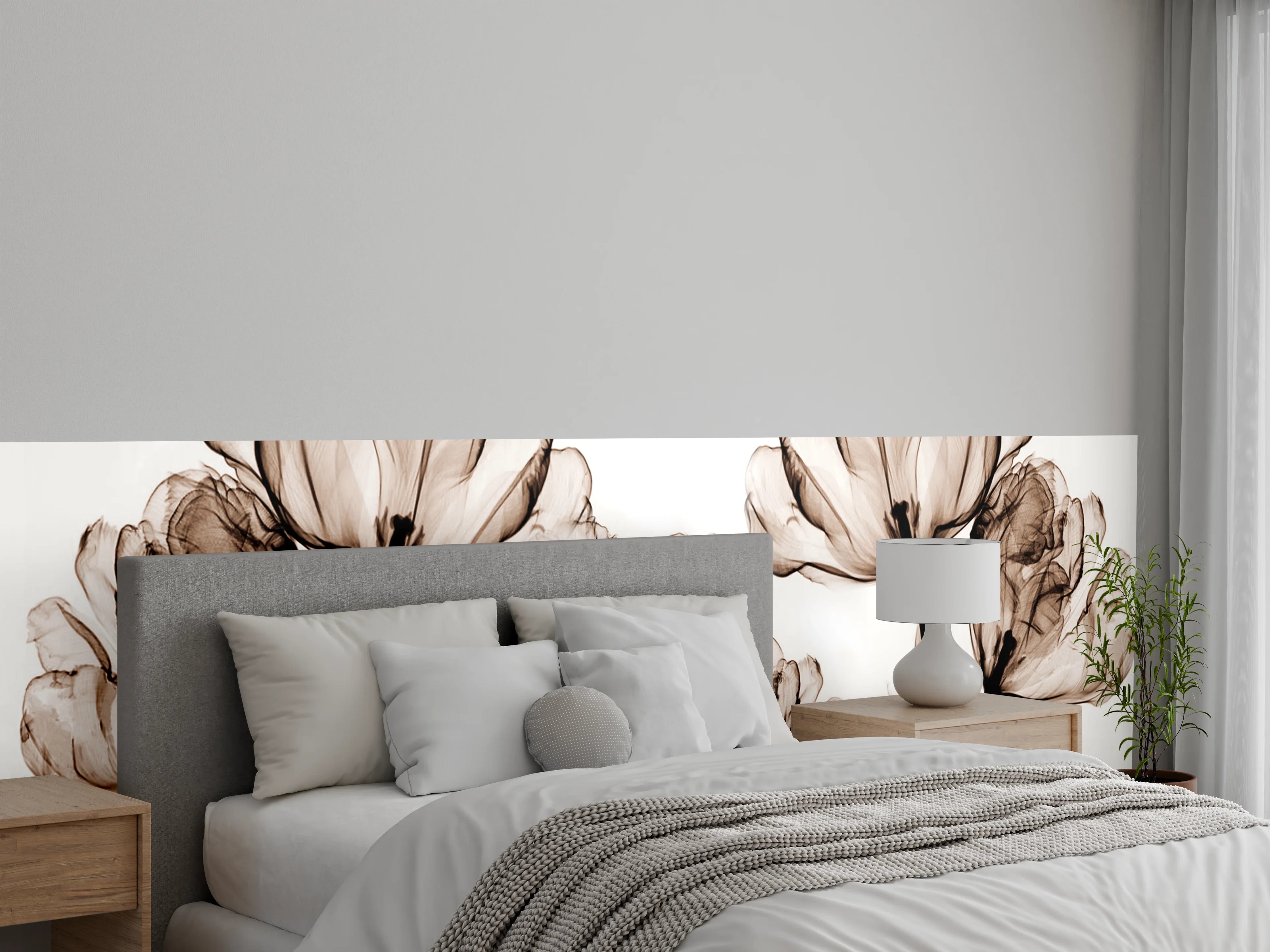 Wandverkleidung Schlafzimmer - Graue Blumenakzente in Sepiatönen
