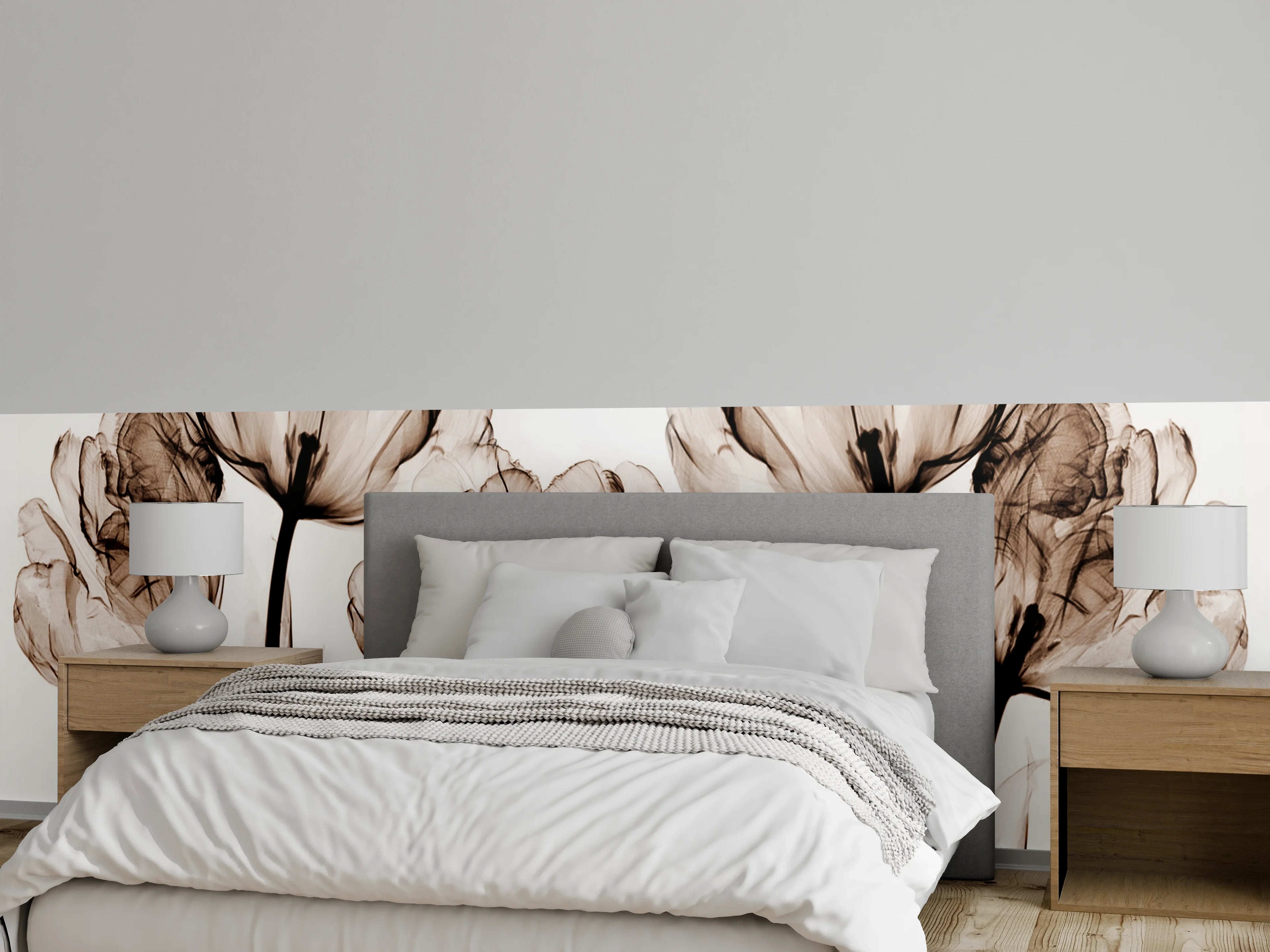 Wandverkleidung Schlafzimmer - Graue Blumenakzente in Sepiatönen