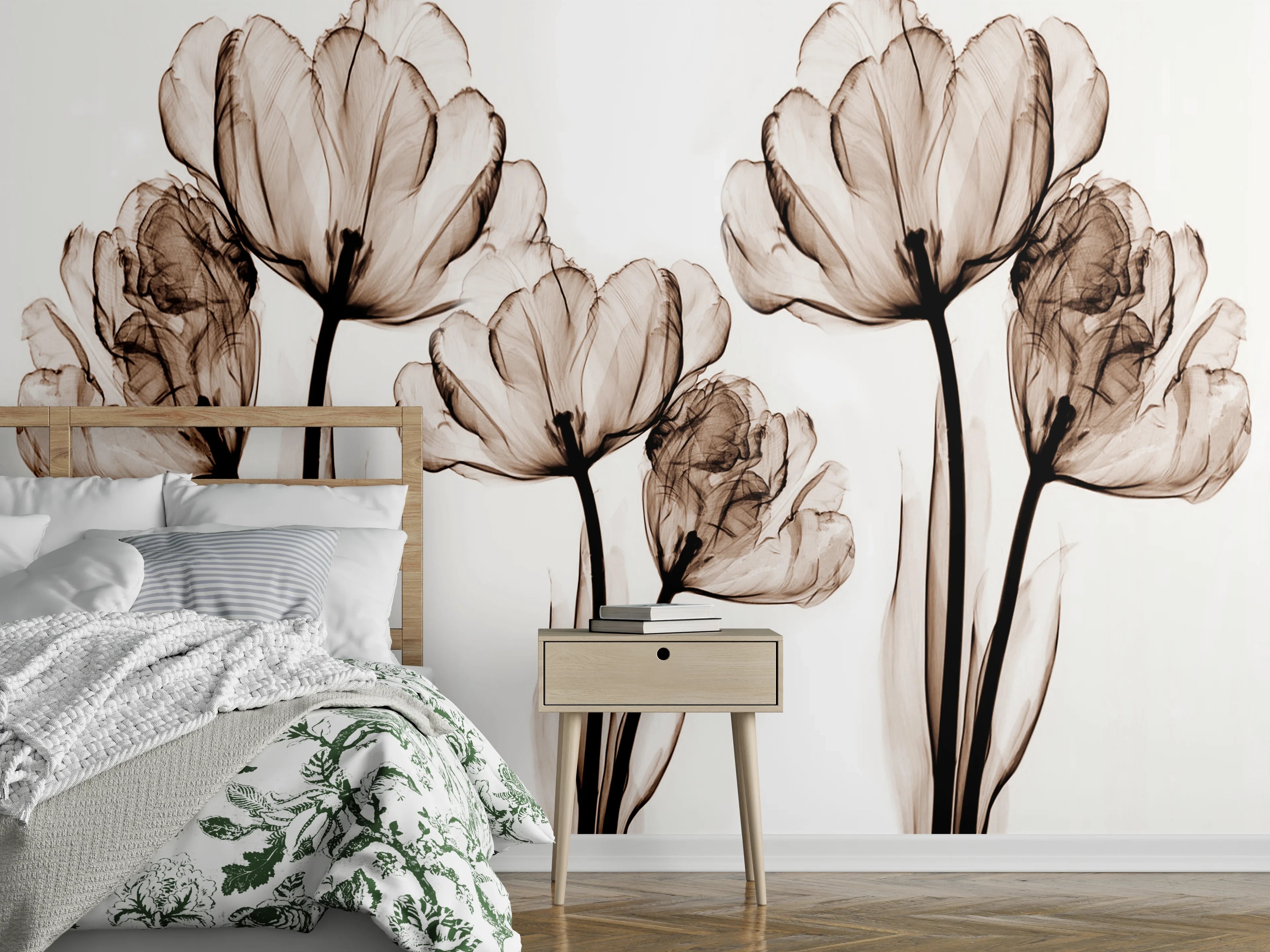 Wandverkleidung Schlafzimmer - Graue Blumenakzente in Sepiatönen