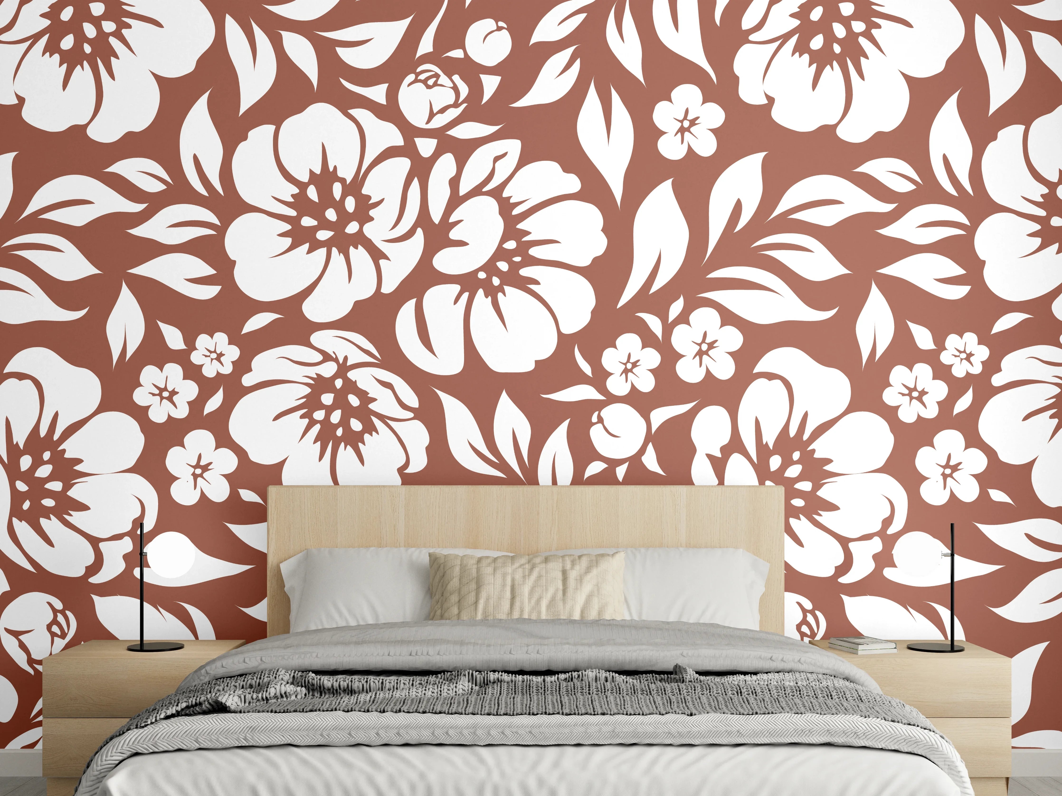 Wandverkleidung Schlafzimmer - Graue Blumenmuster in Creme