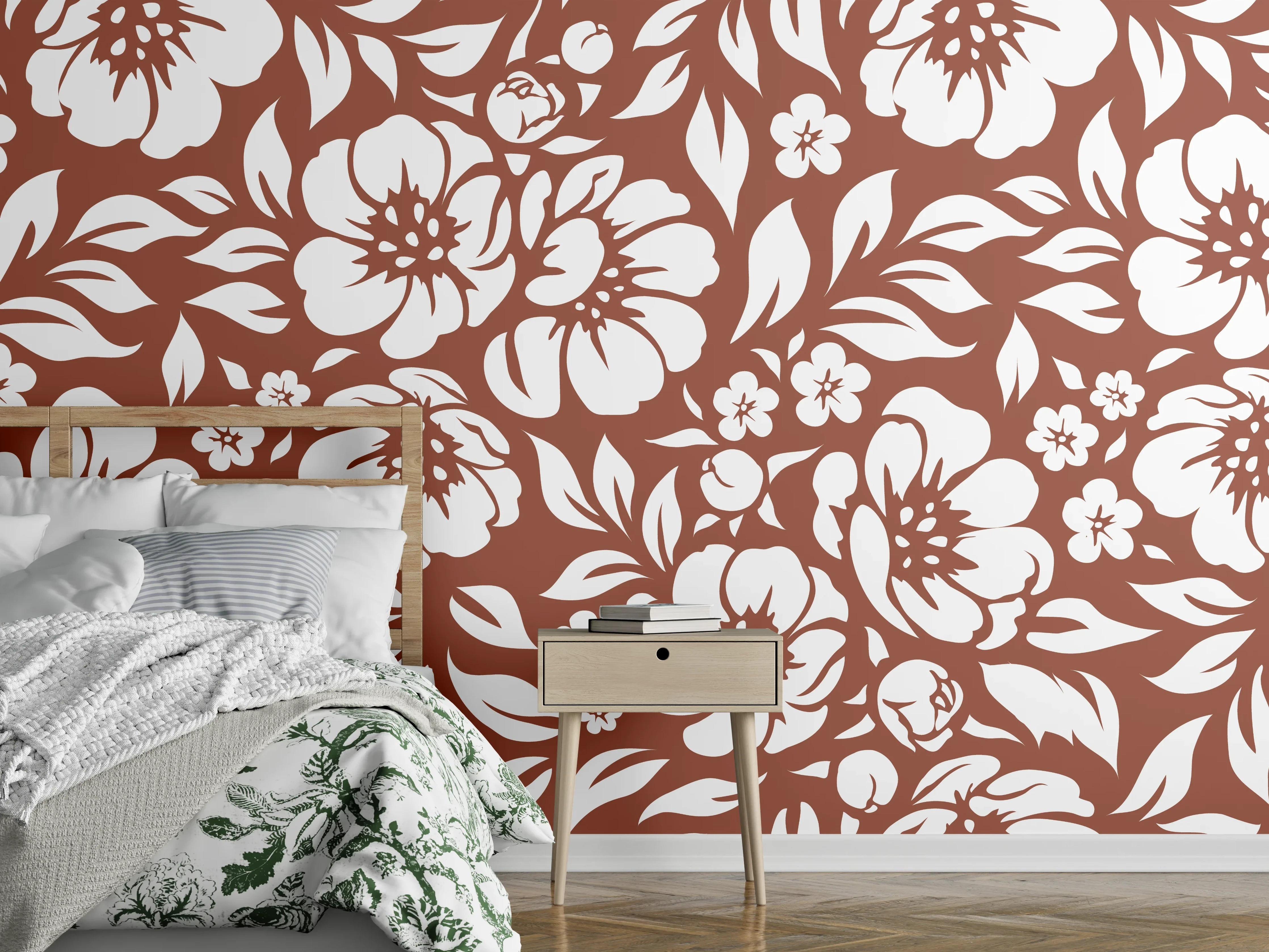 Wandverkleidung Schlafzimmer - Graue Blumenmuster in Creme