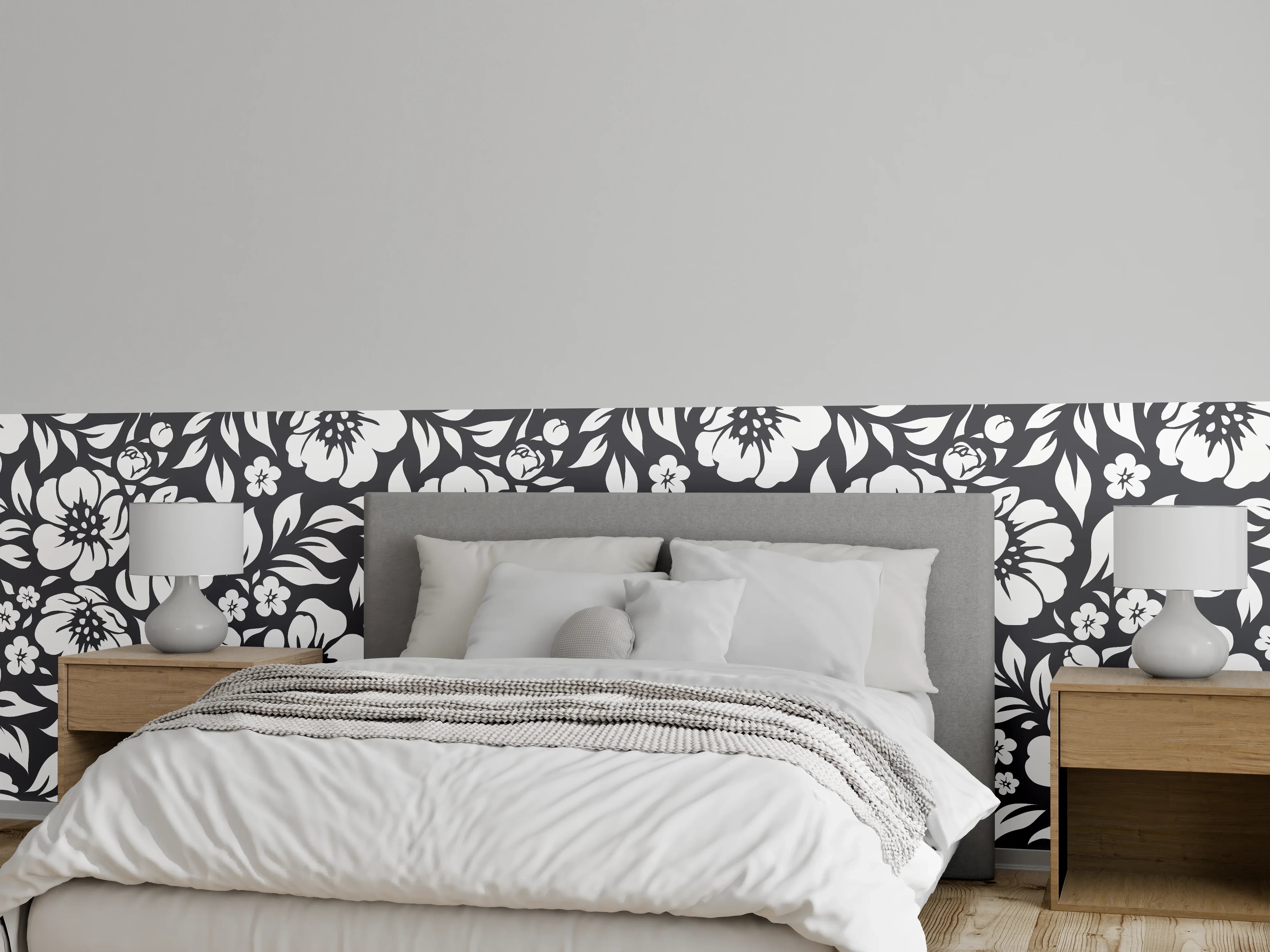 Wandverkleidung Schlafzimmer - Graue Blumenmuster in Schwarz-Weiß