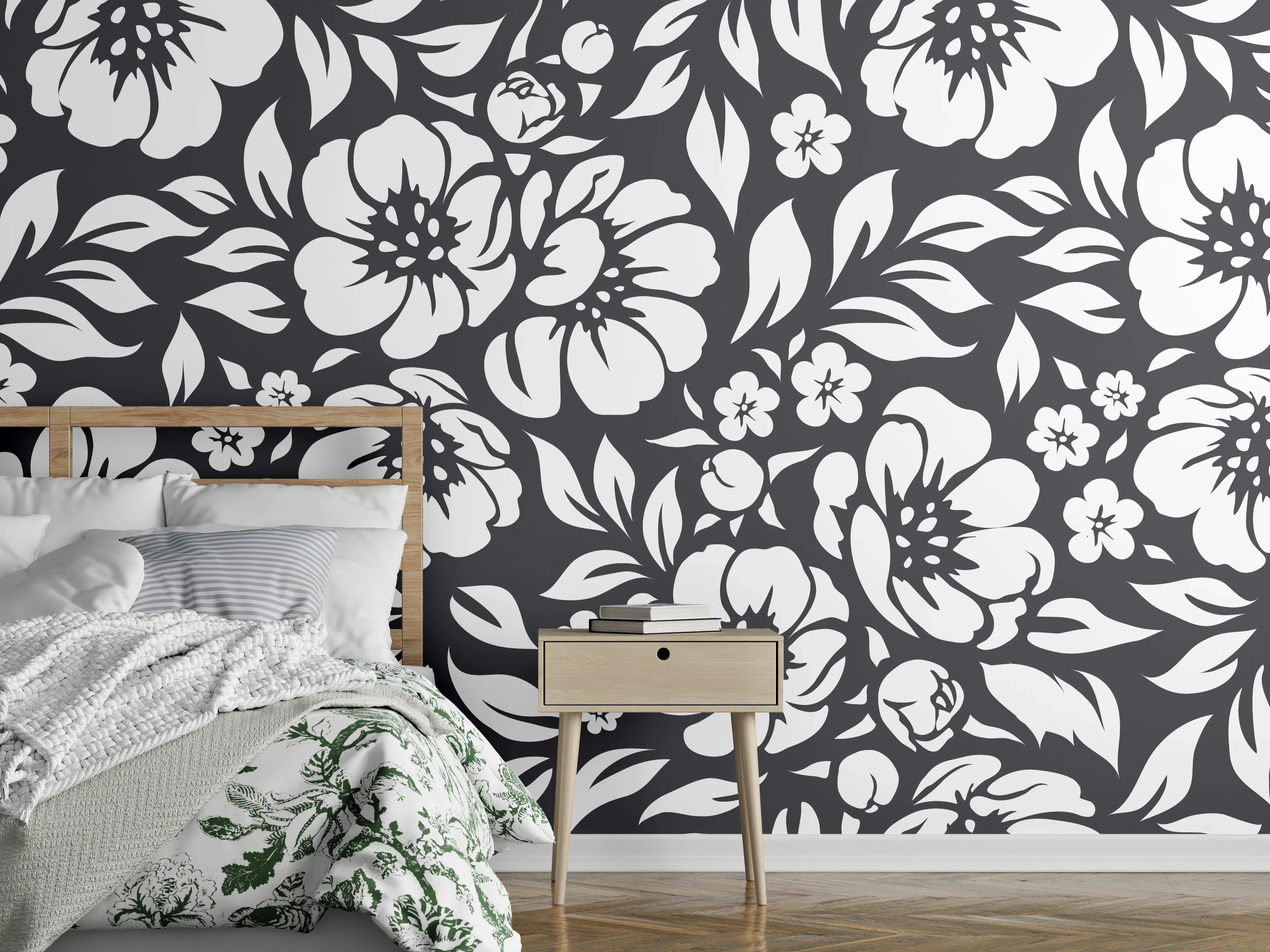 Wandverkleidung Schlafzimmer - Graue Blumenmuster in Schwarz-Weiß