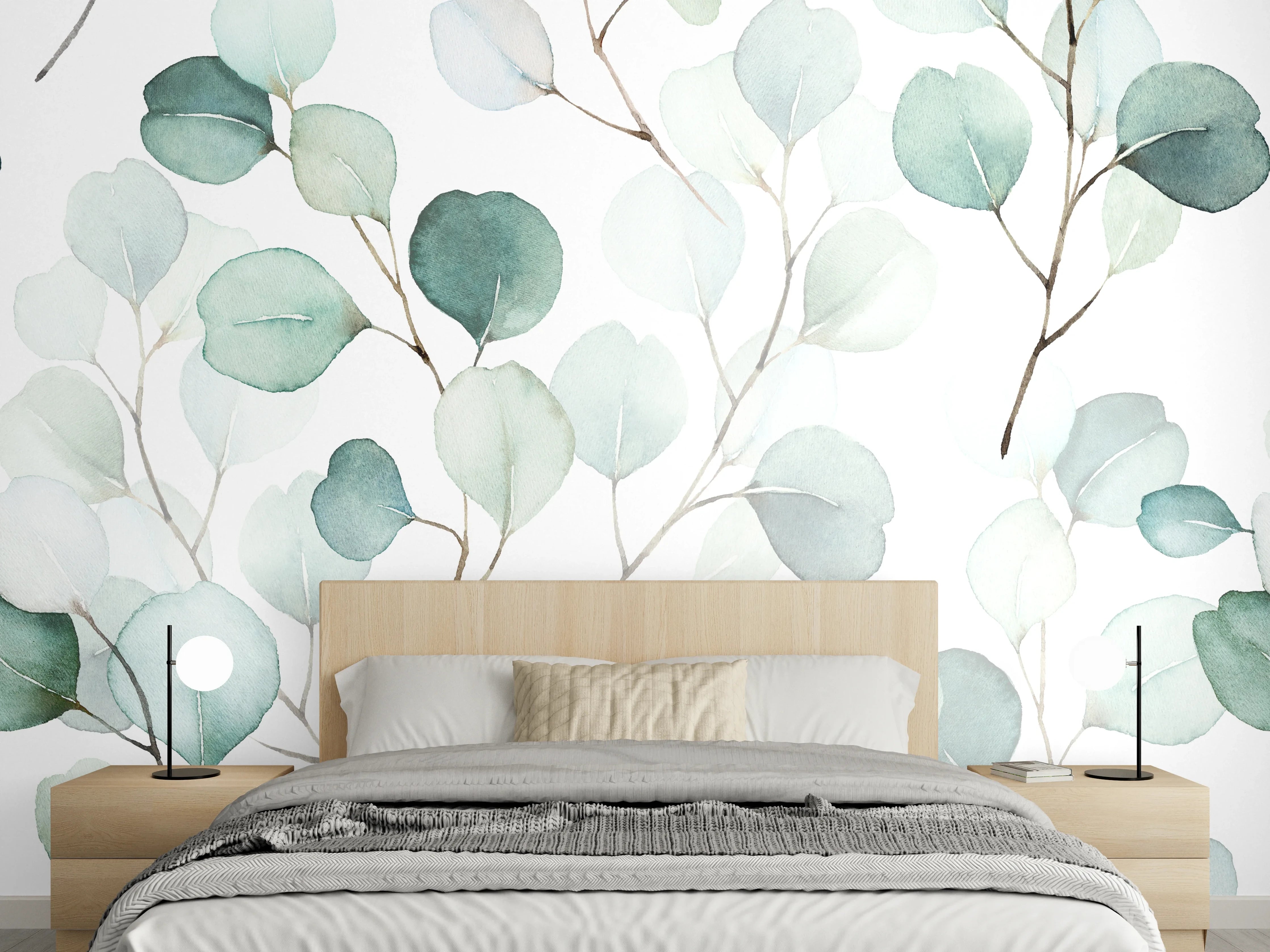 Wandverkleidung Schlafzimmer - Graue Eukalyptusblätter Aquarell Design