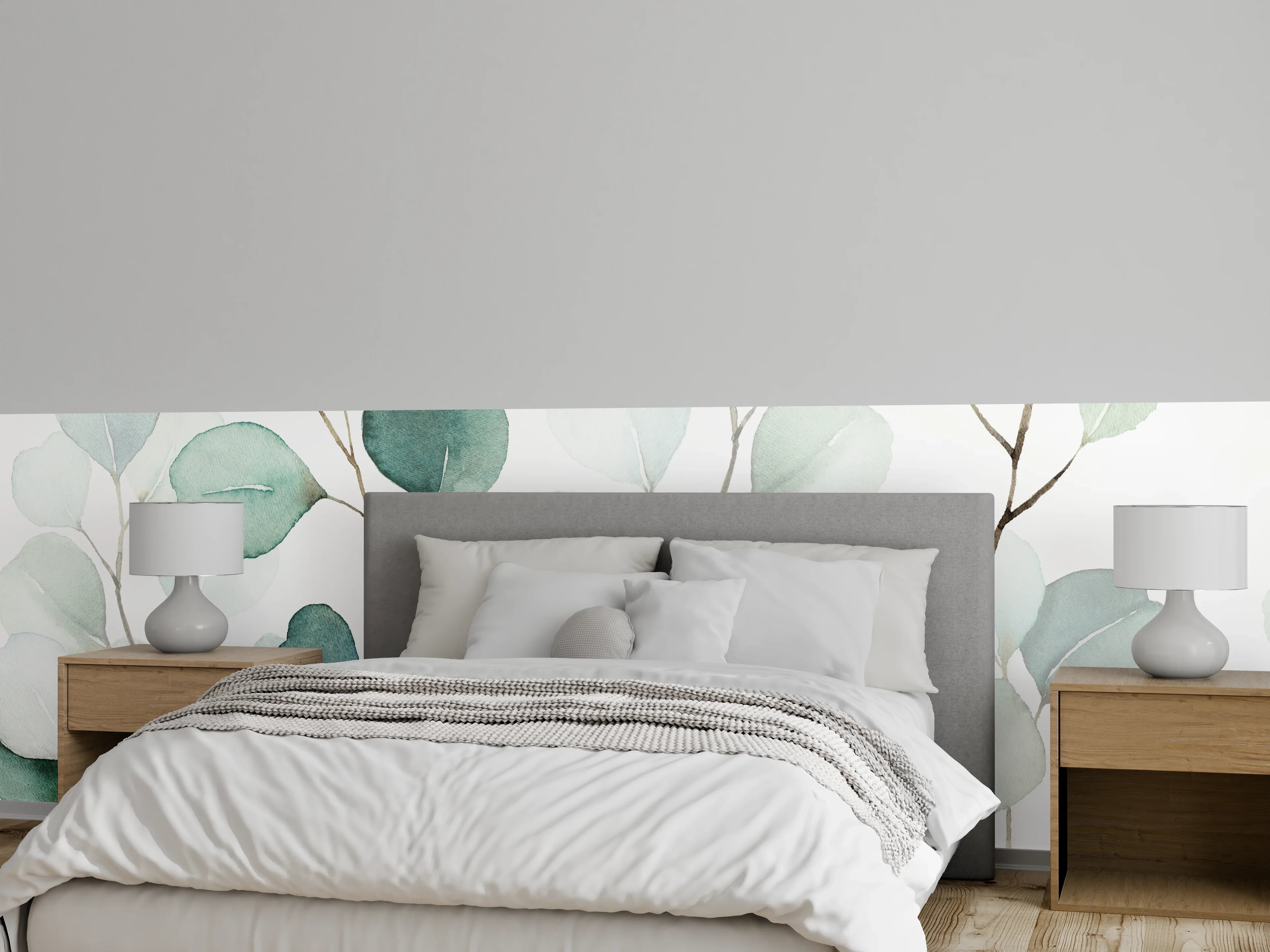 Wandverkleidung Schlafzimmer - Graue Eukalyptusblätter Aquarell Design