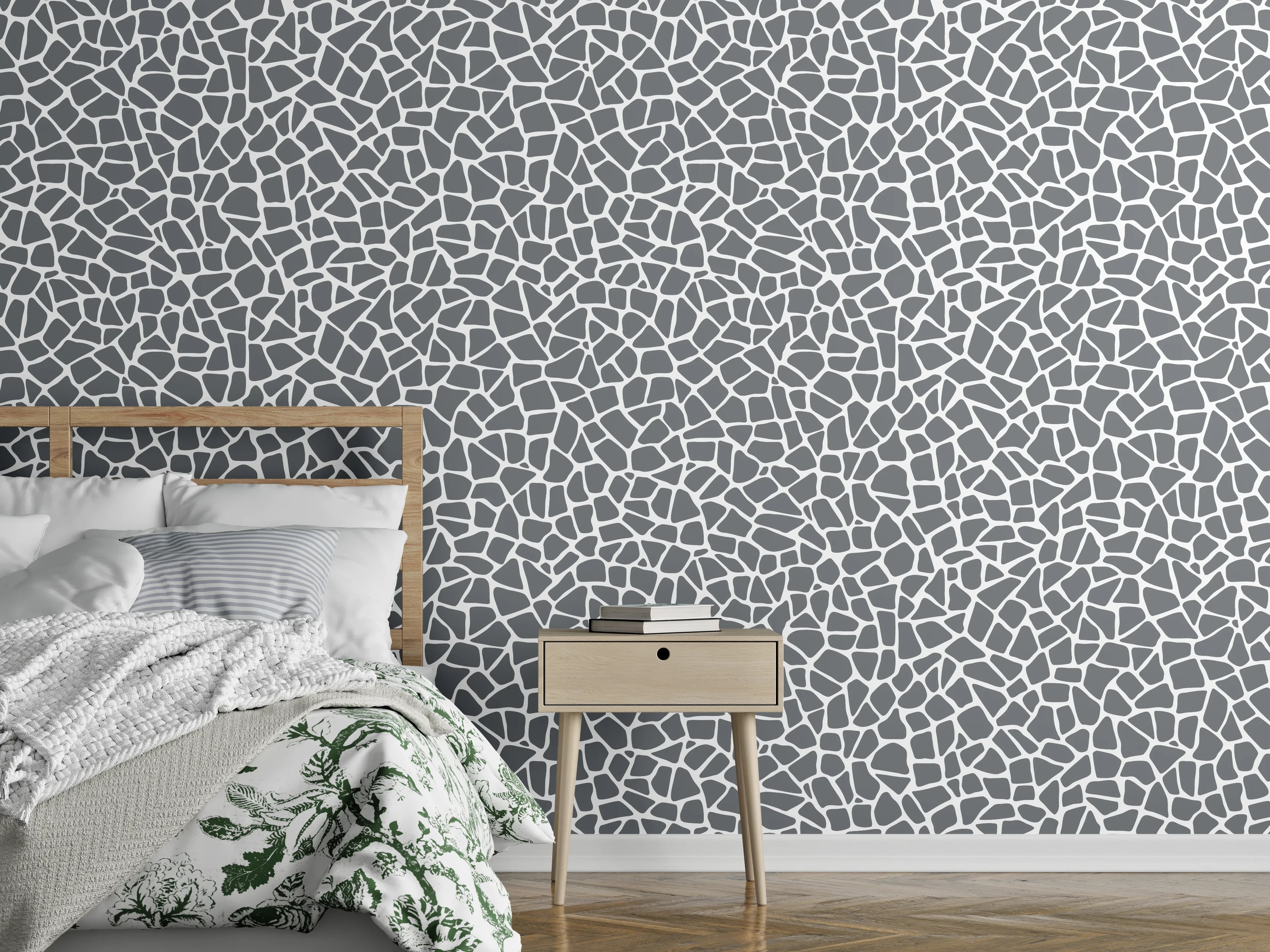 Wandverkleidung Schlafzimmer - Graue Facetten auf weißer Struktur