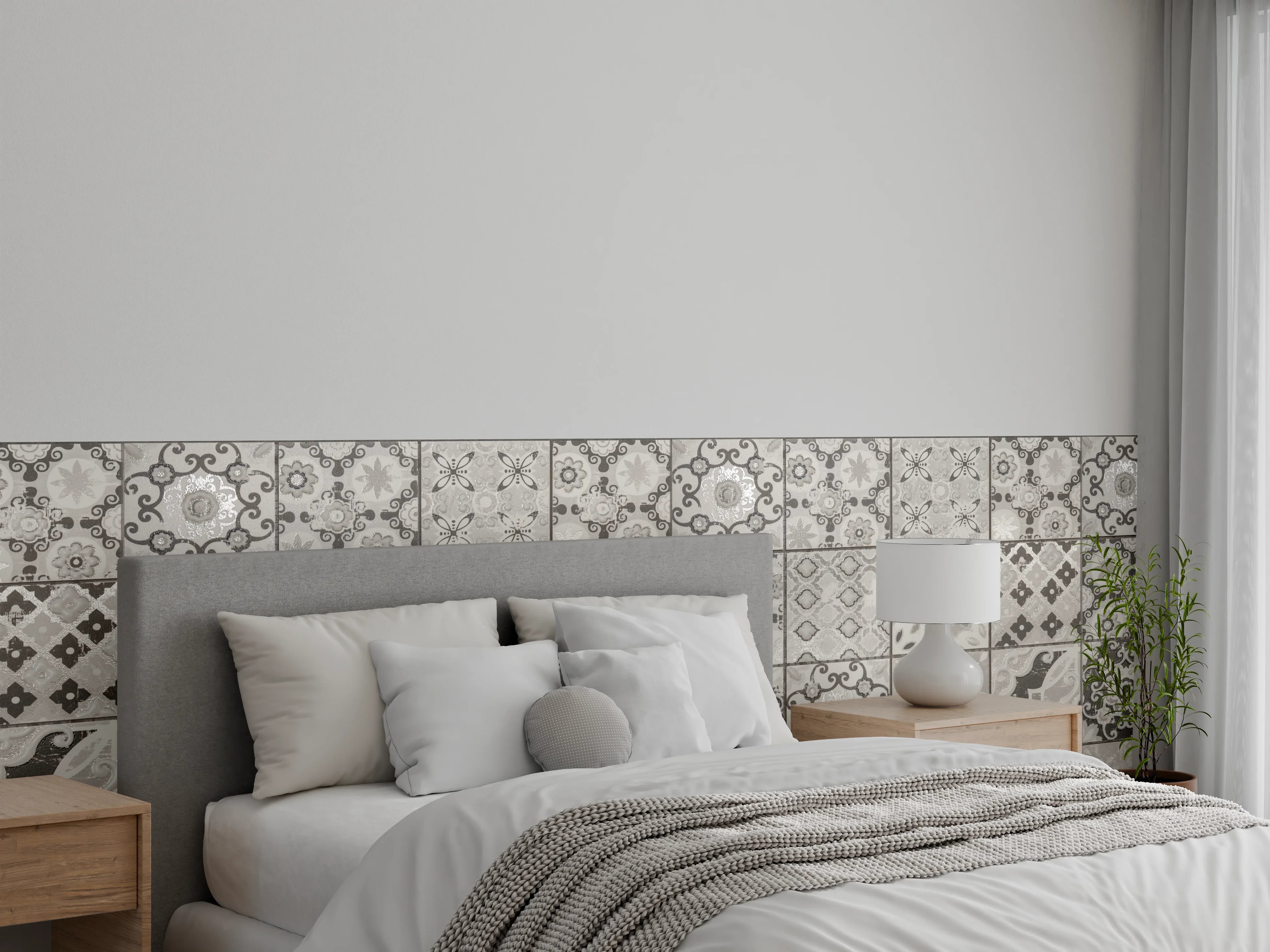 Wandverkleidung Schlafzimmer - Graue Fliesenmuster