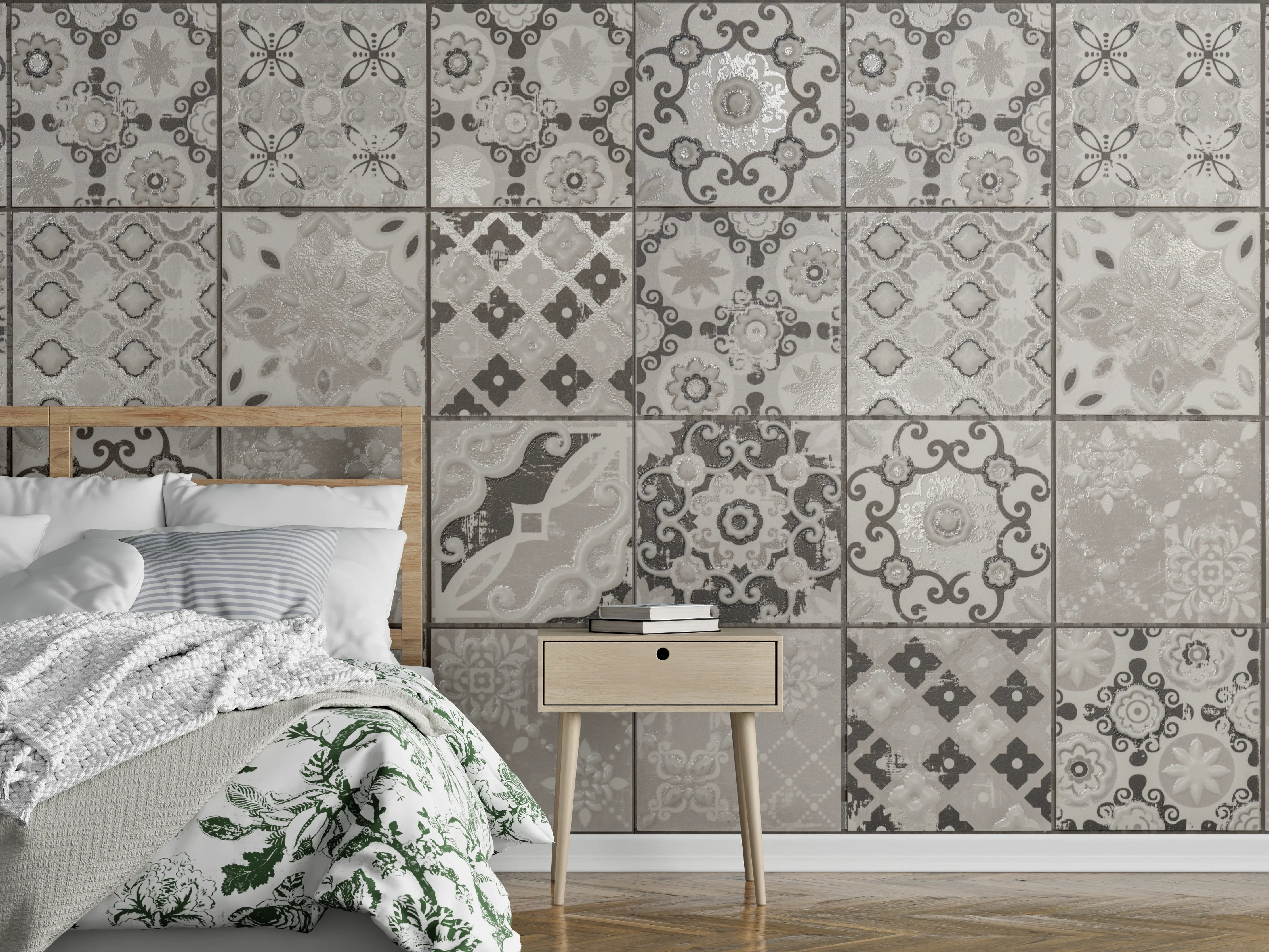 Wandverkleidung Schlafzimmer - Graue Fliesenmuster