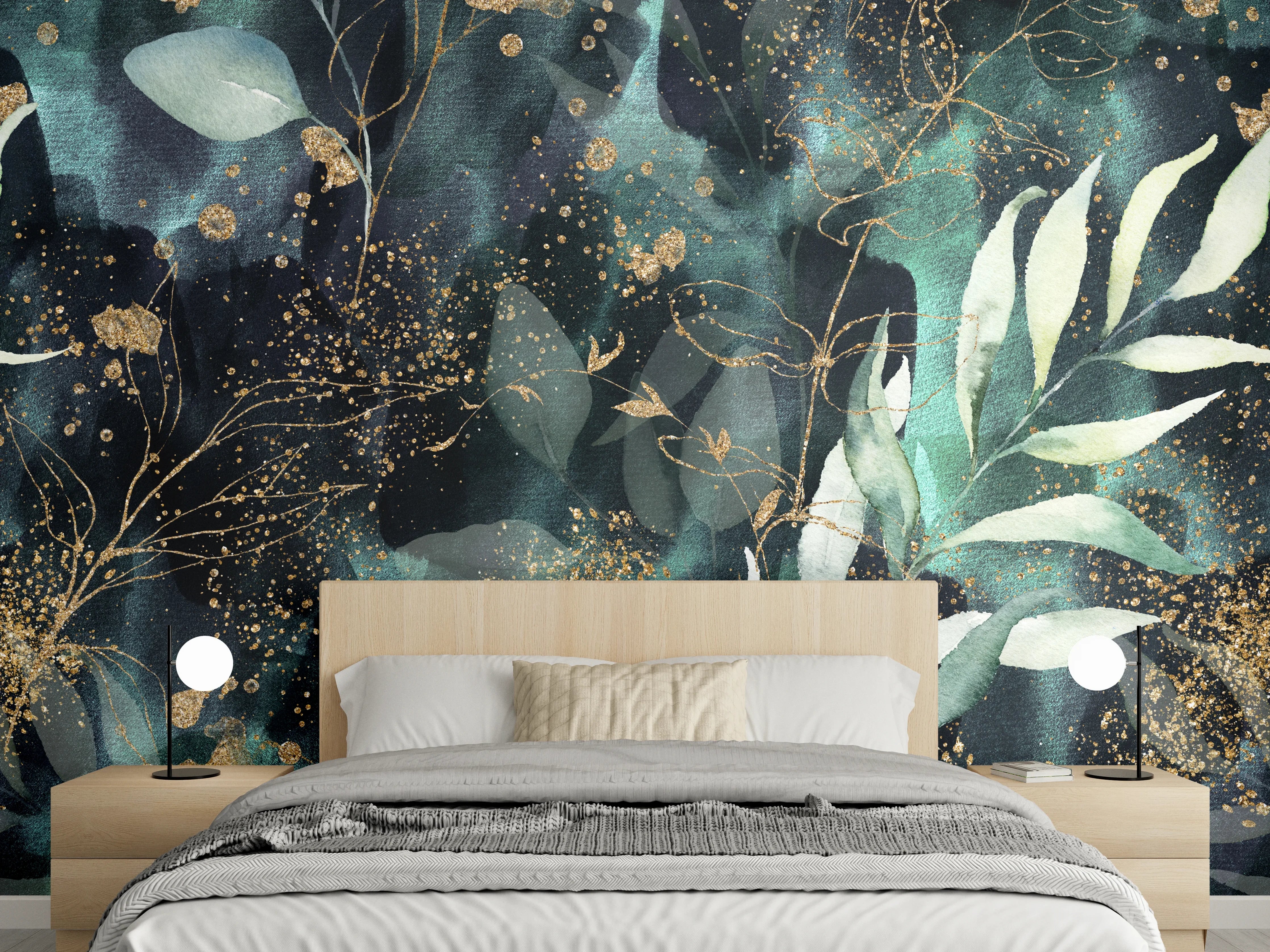 Wandverkleidung Schlafzimmer - Graue Florale Aquarellkunst mit Gold