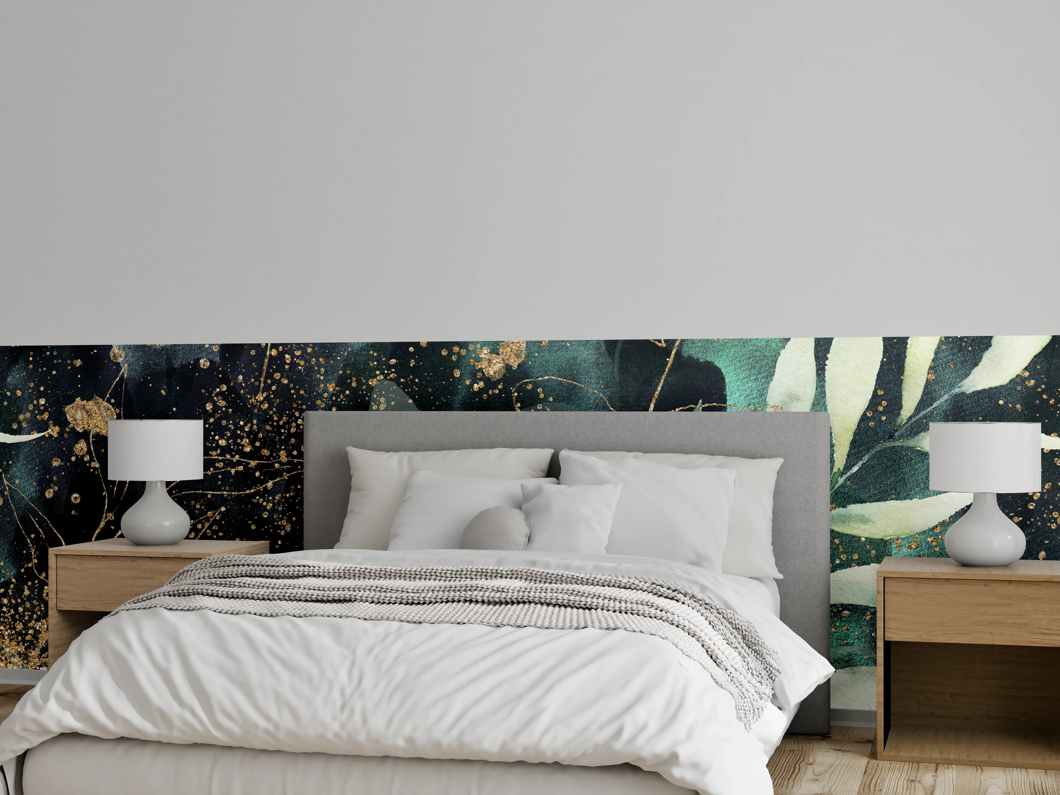 Wandverkleidung Schlafzimmer - Graue Florale Aquarellkunst mit Gold
