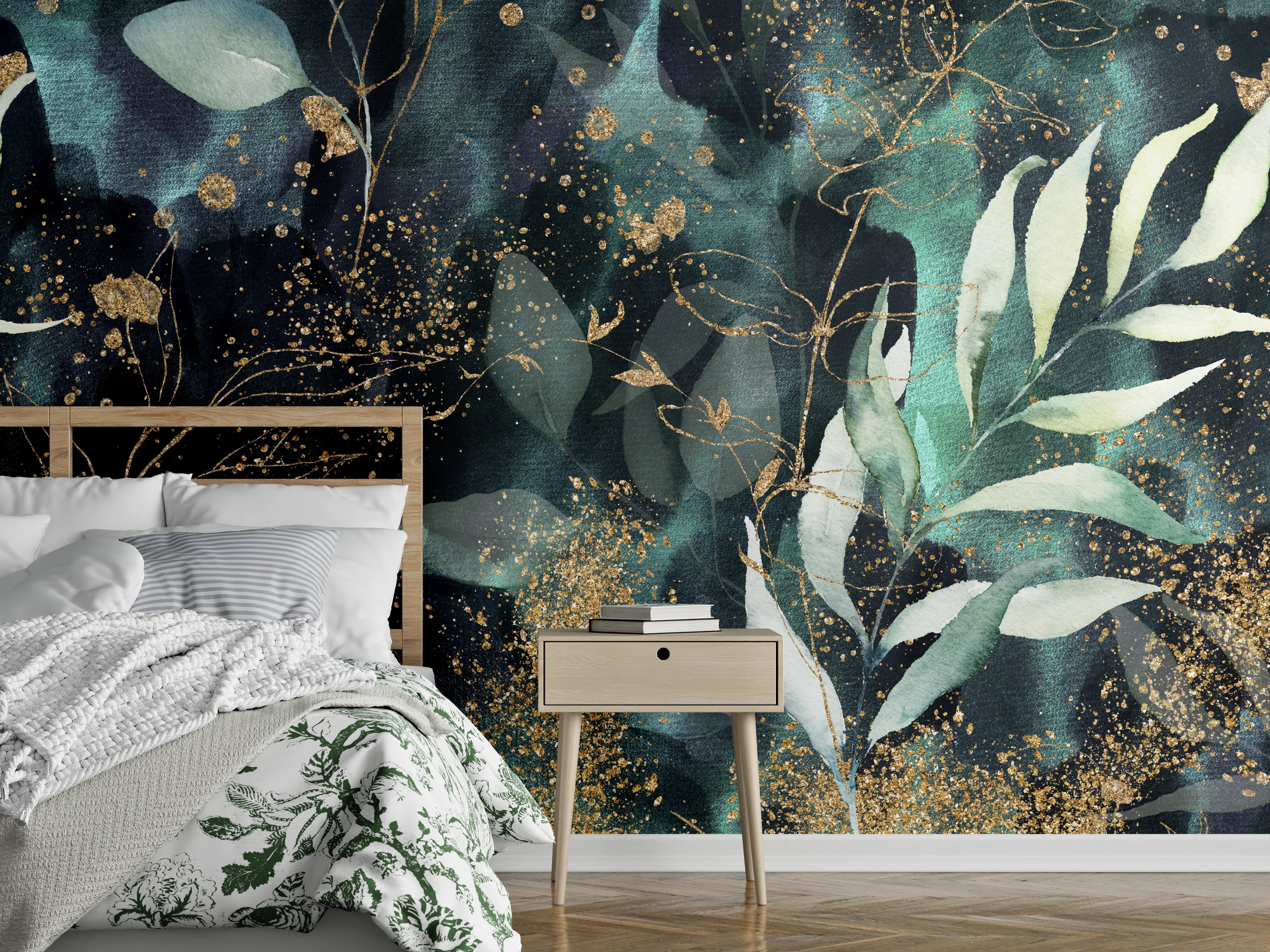 Wandverkleidung Schlafzimmer - Graue Florale Aquarellkunst mit Gold