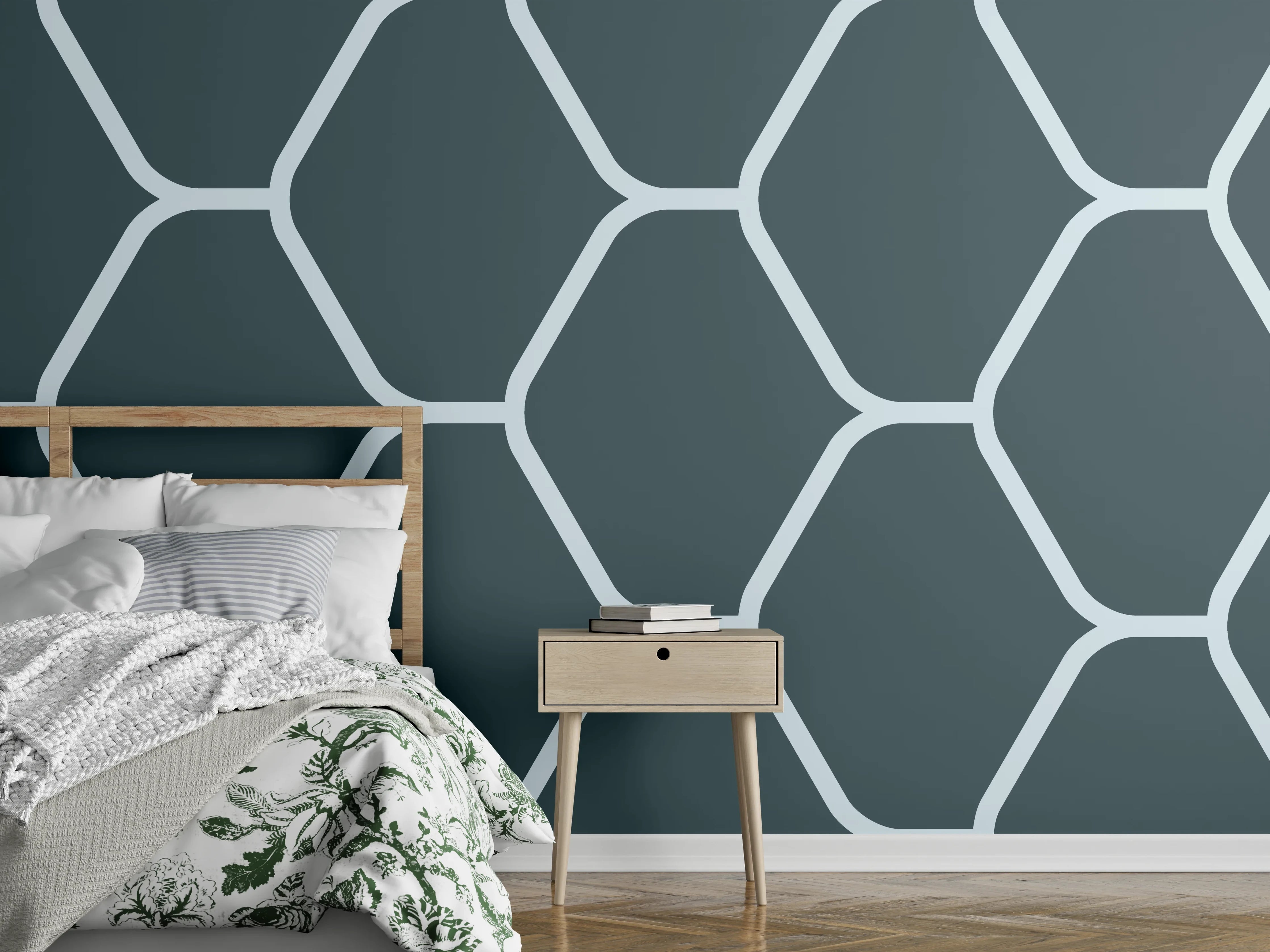 Wandverkleidung Schlafzimmer - Graue Hexagon-Muster Tapete