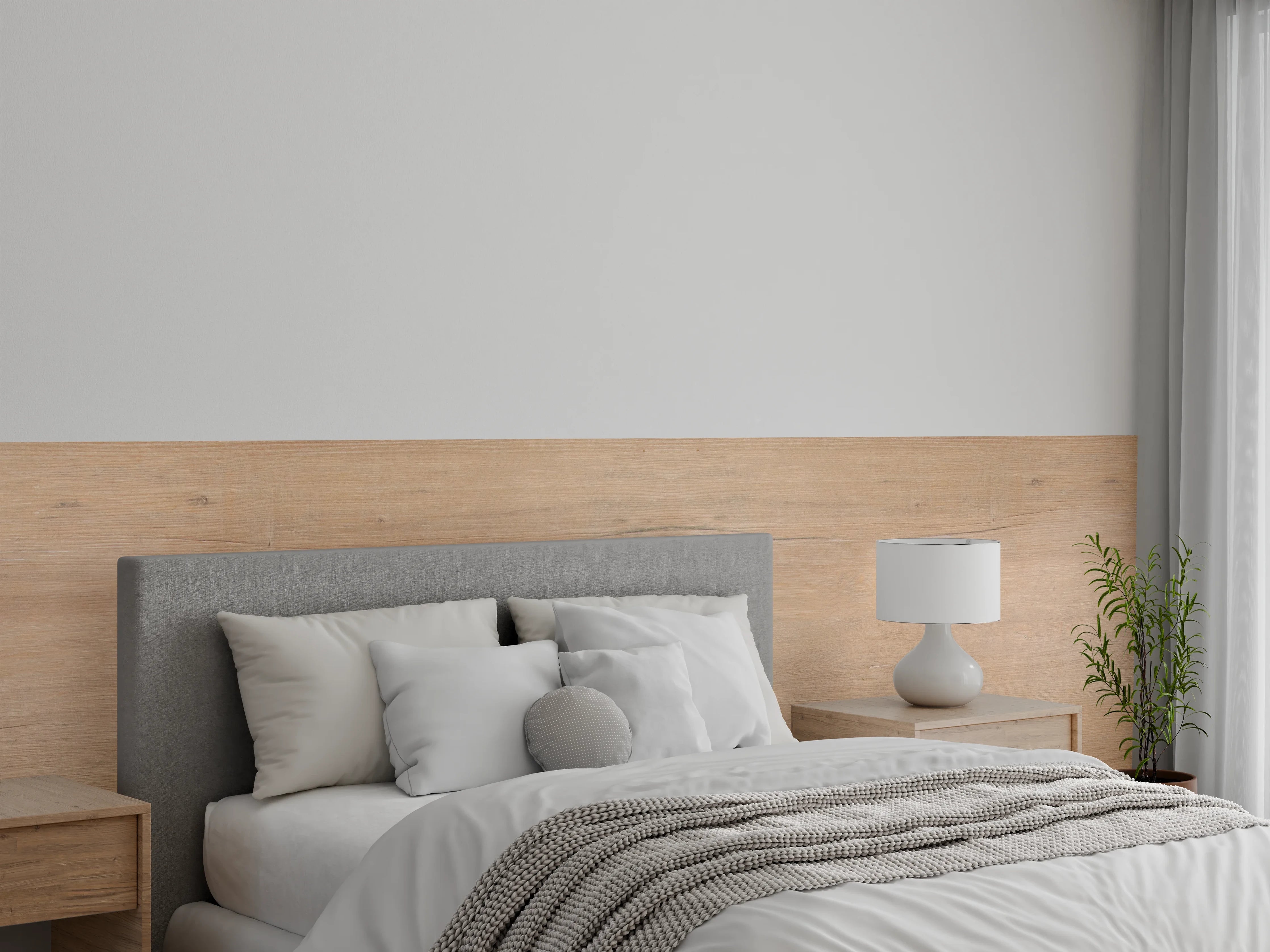 Wandverkleidung Schlafzimmer - Graue Holzmaserung Wandpaneele Weiß