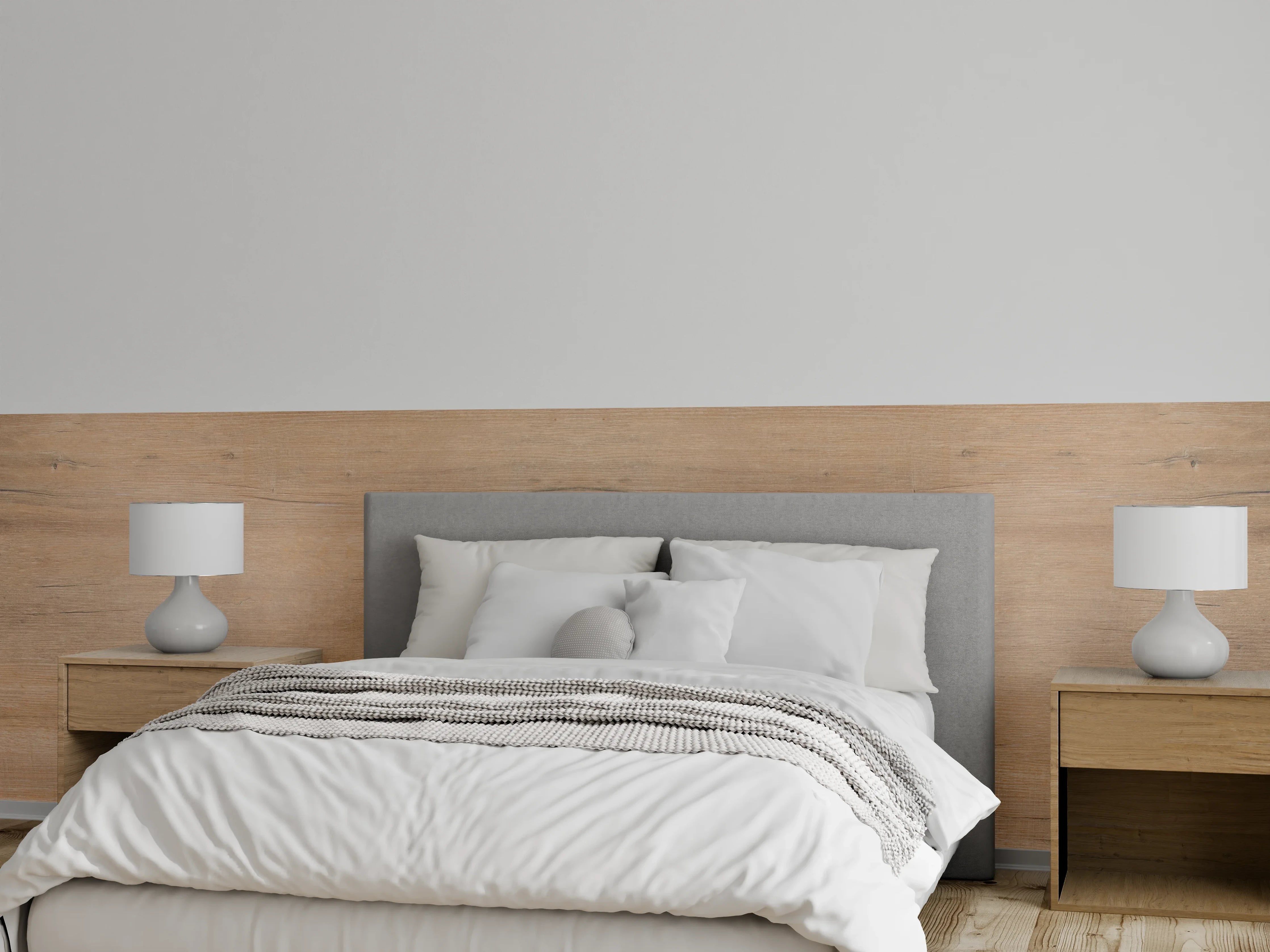 Wandverkleidung Schlafzimmer - Graue Holzmaserung Wandpaneele Weiß