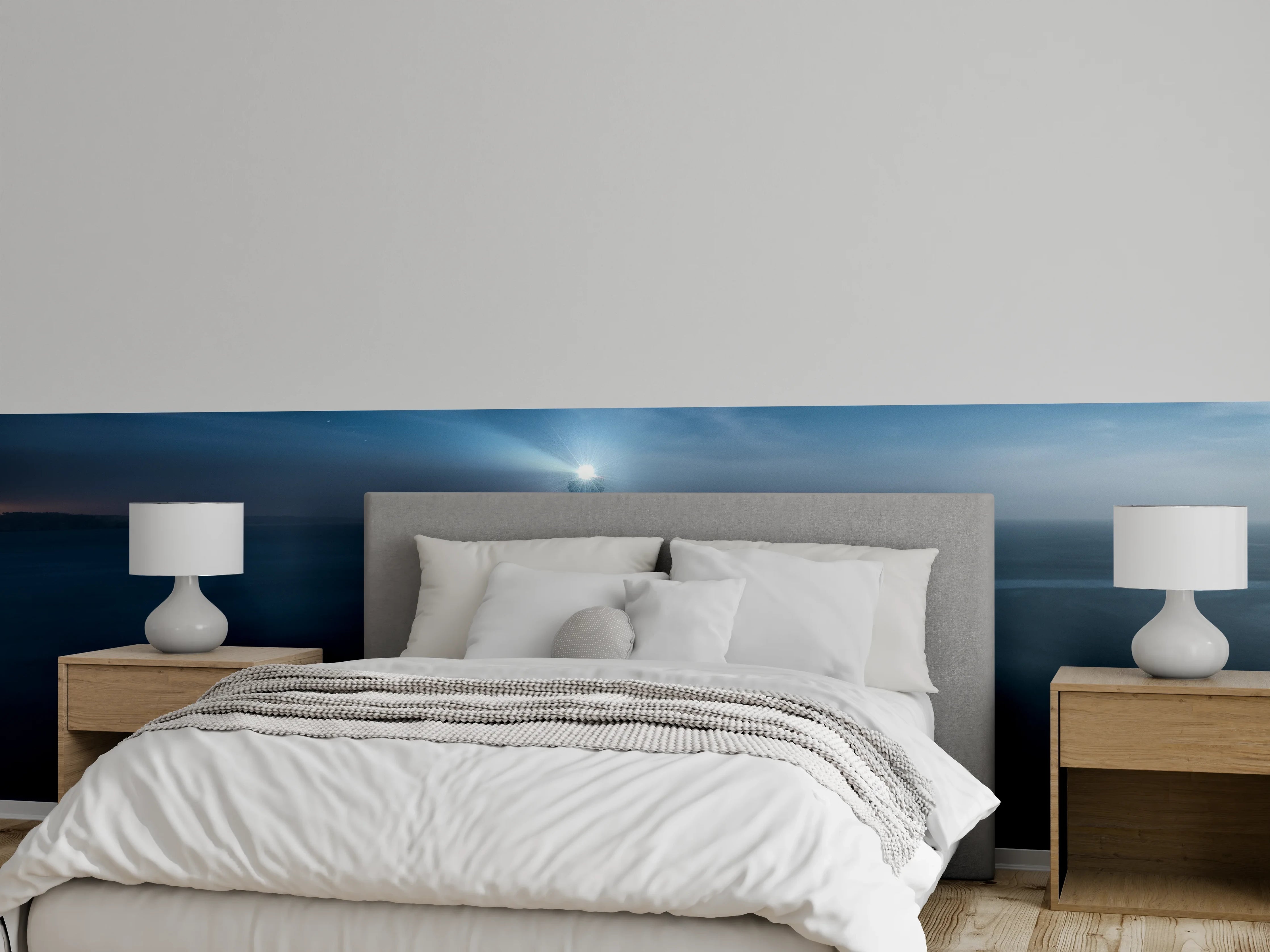 Wandverkleidung Schlafzimmer - Graue Küste: Weißer Turm im Dämmerlicht