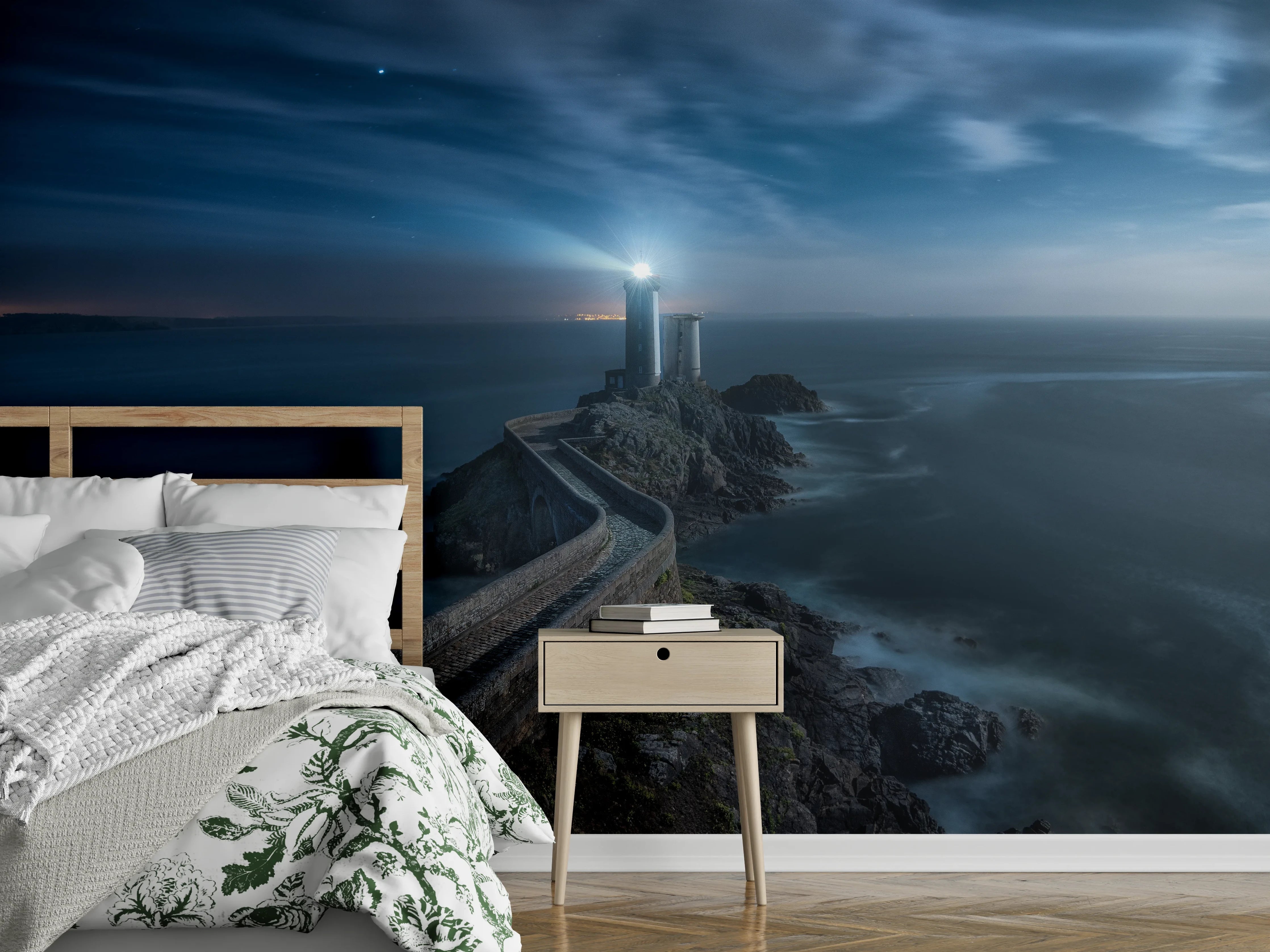Wandverkleidung Schlafzimmer - Graue Küste: Weißer Turm im Dämmerlicht