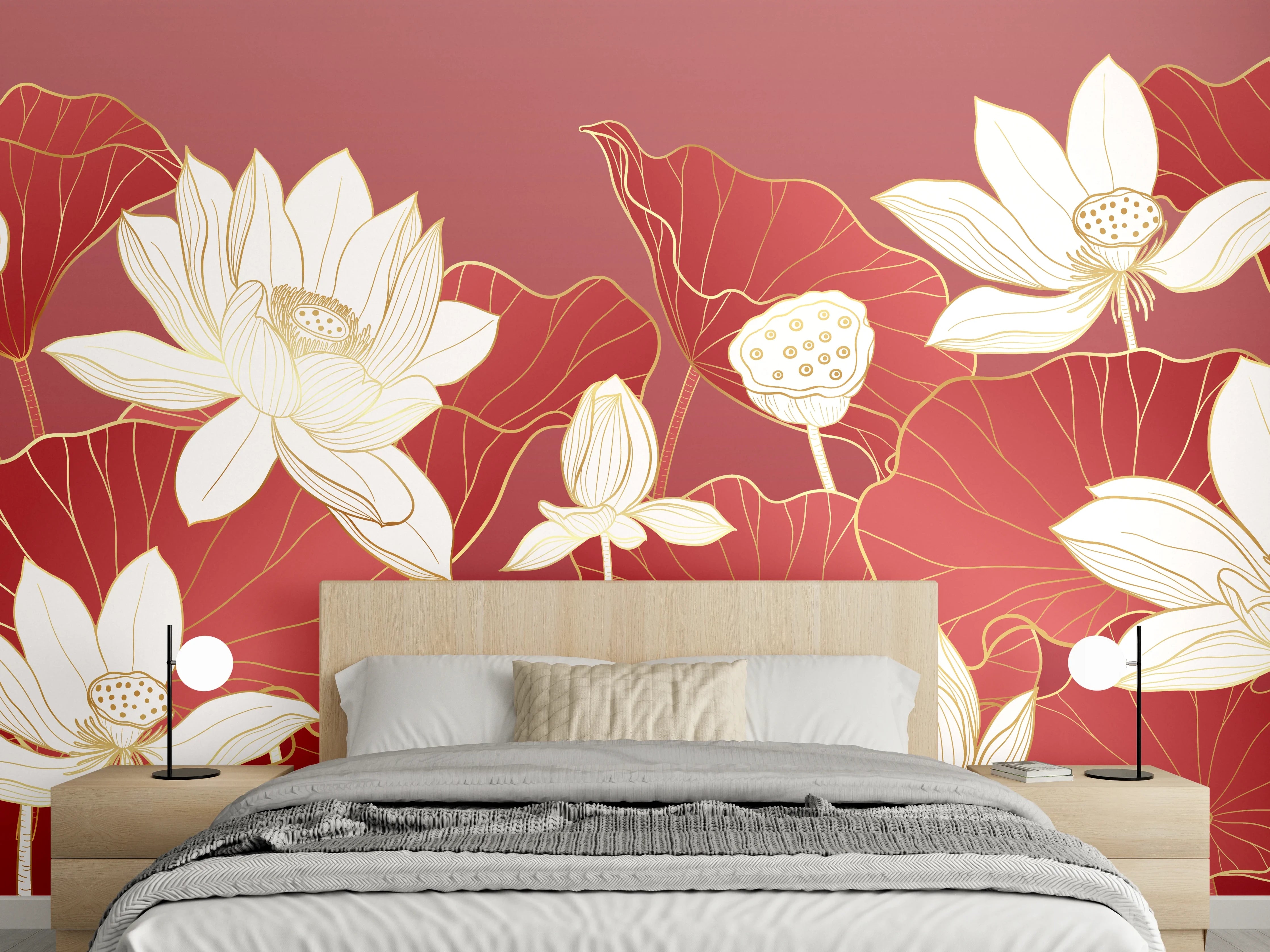 Wandverkleidung Schlafzimmer - Graue Lotuspoesie auf Karmesin
