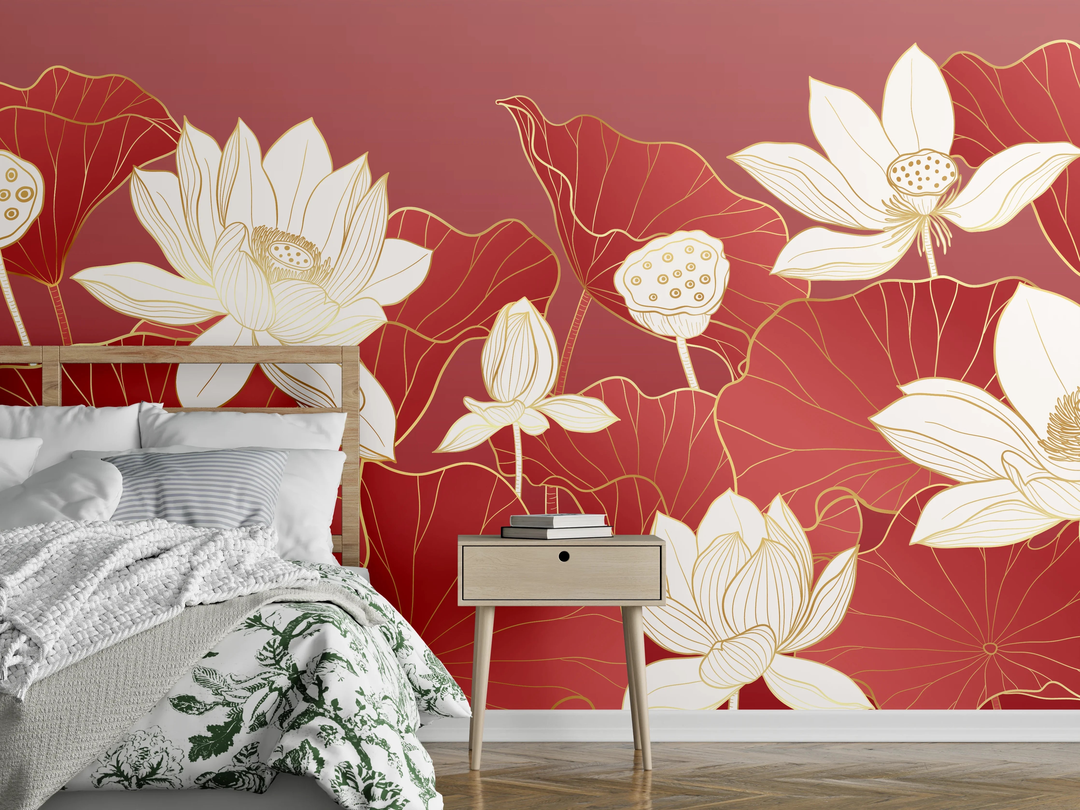 Wandverkleidung Schlafzimmer - Graue Lotuspoesie auf Karmesin