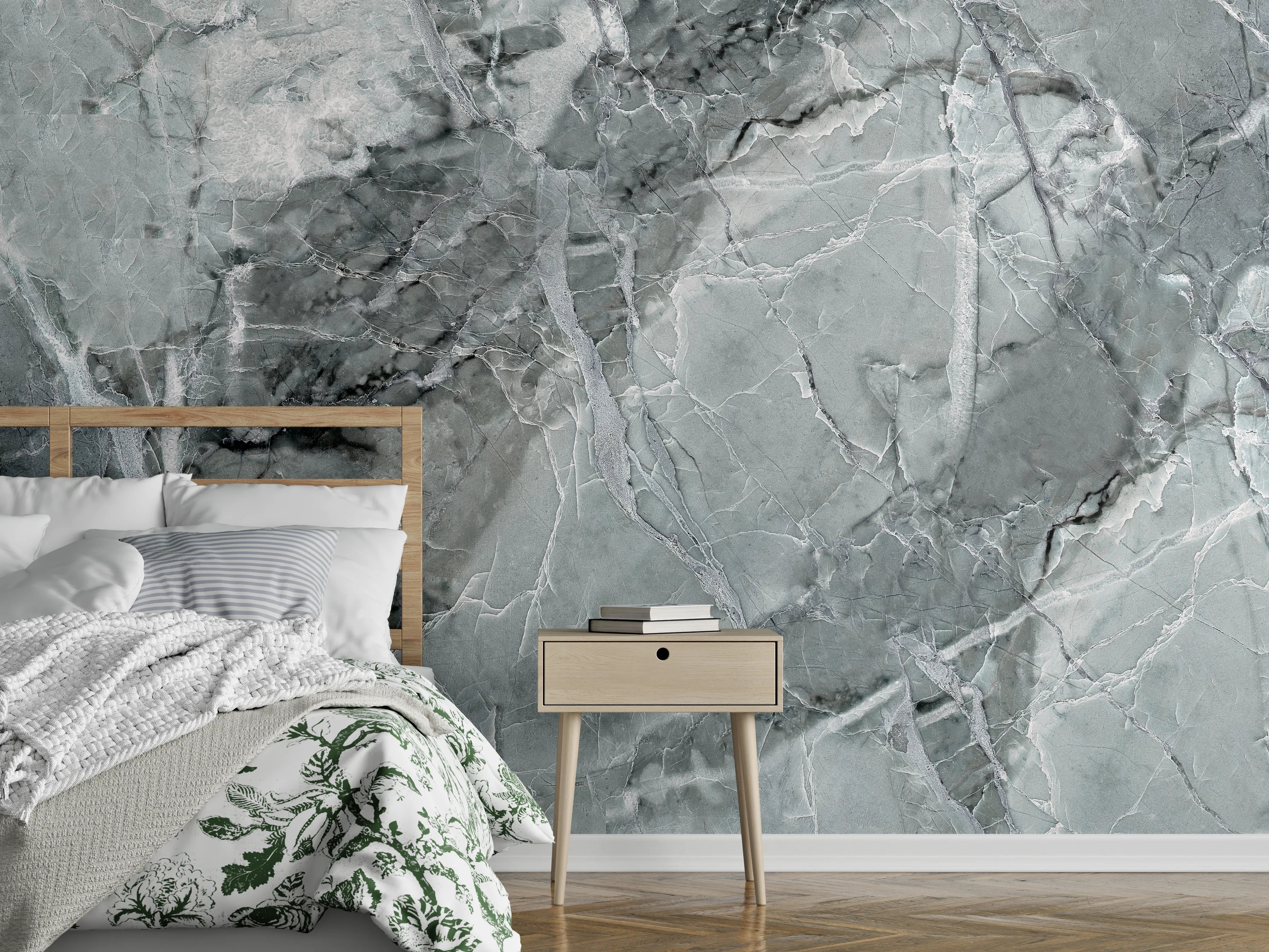 Wandverkleidung Schlafzimmer - Graue Marmor-Textur mit weißen Adern