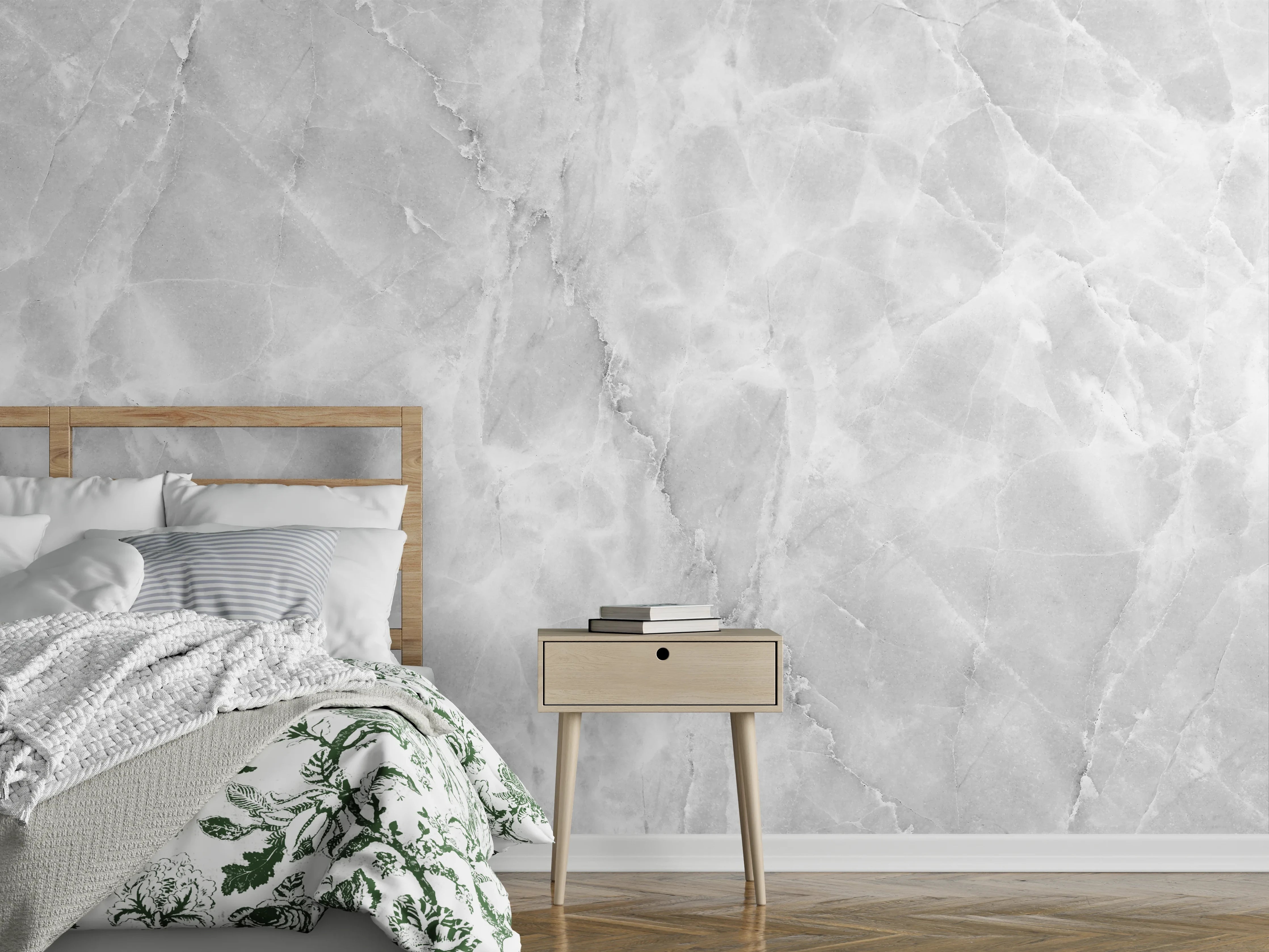 Wandverkleidung Schlafzimmer - Graue Marmorierung mit Weißnuancen
