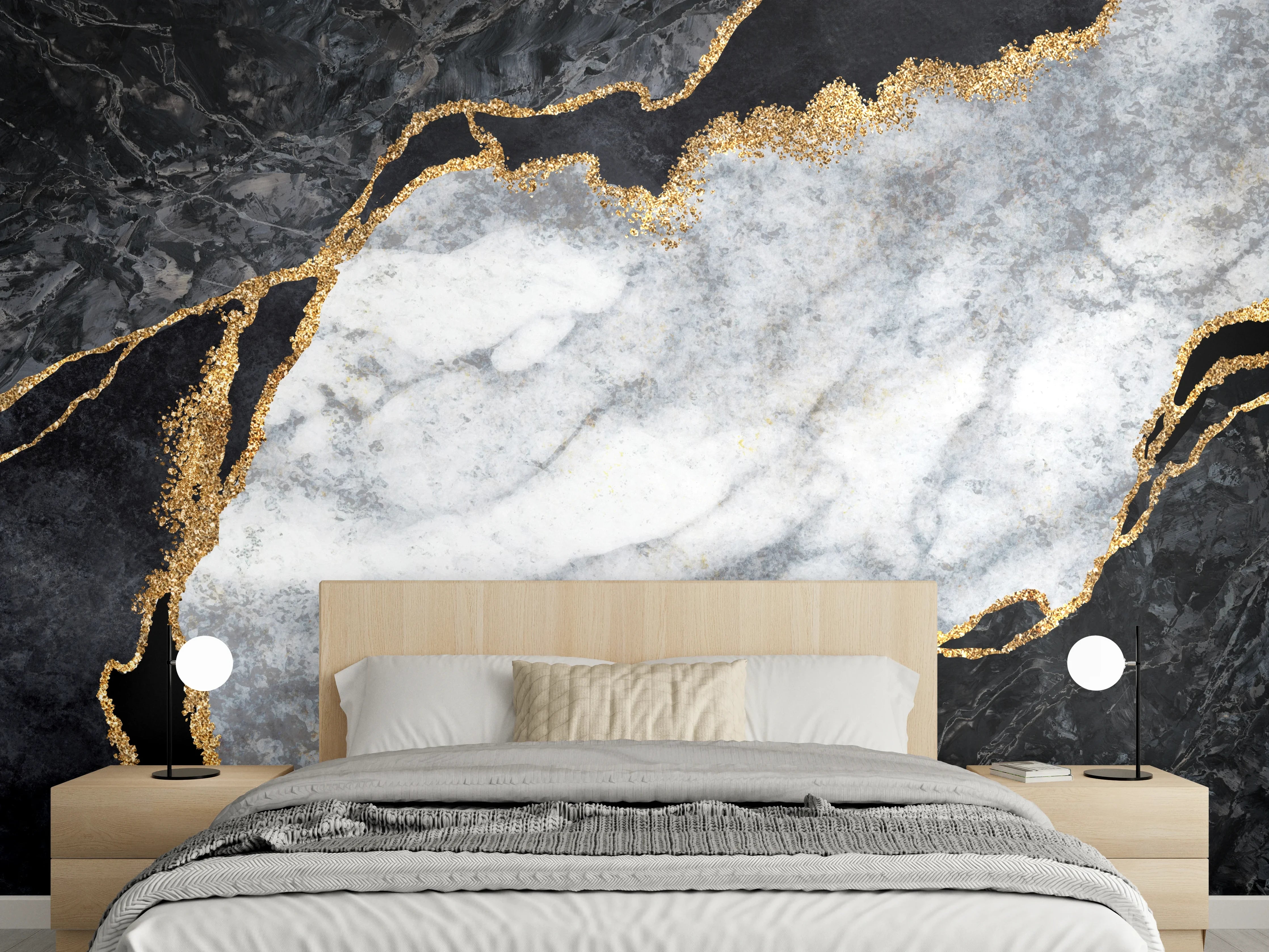 Wandverkleidung Schlafzimmer - Graue Marmormuster mit Goldakzenten