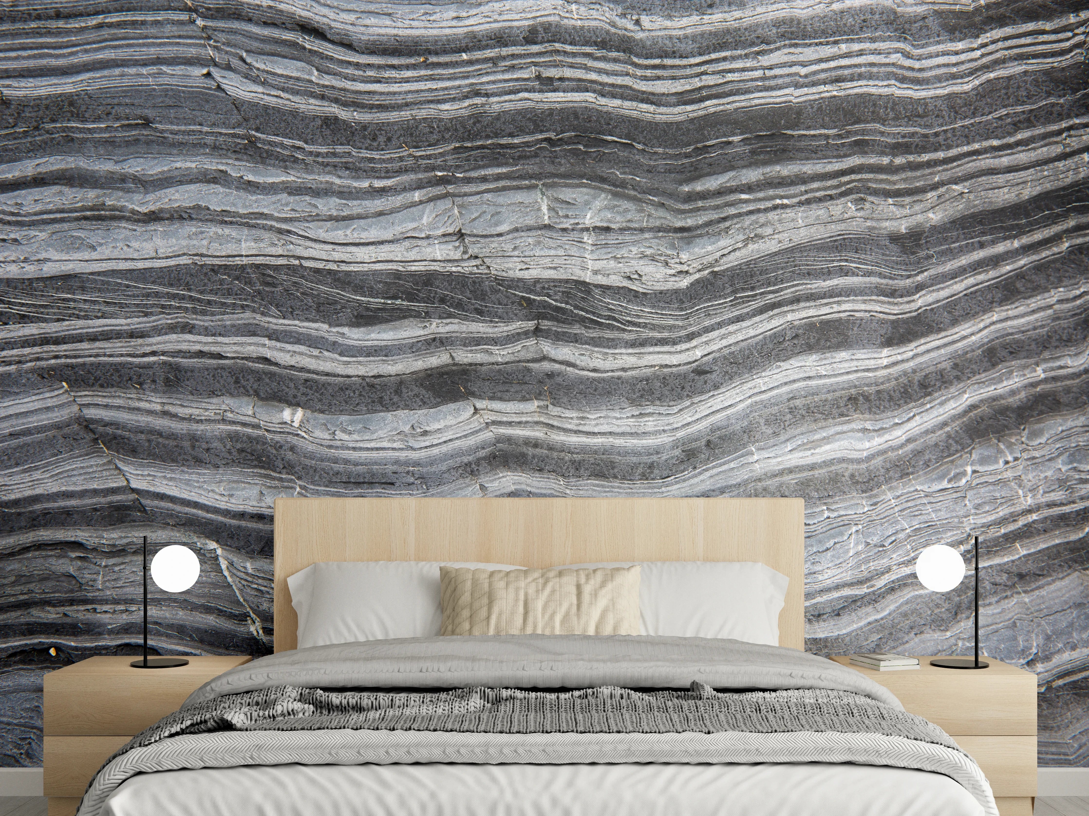 Wandverkleidung Schlafzimmer - Graue Marmorstruktur mit feinen Linien