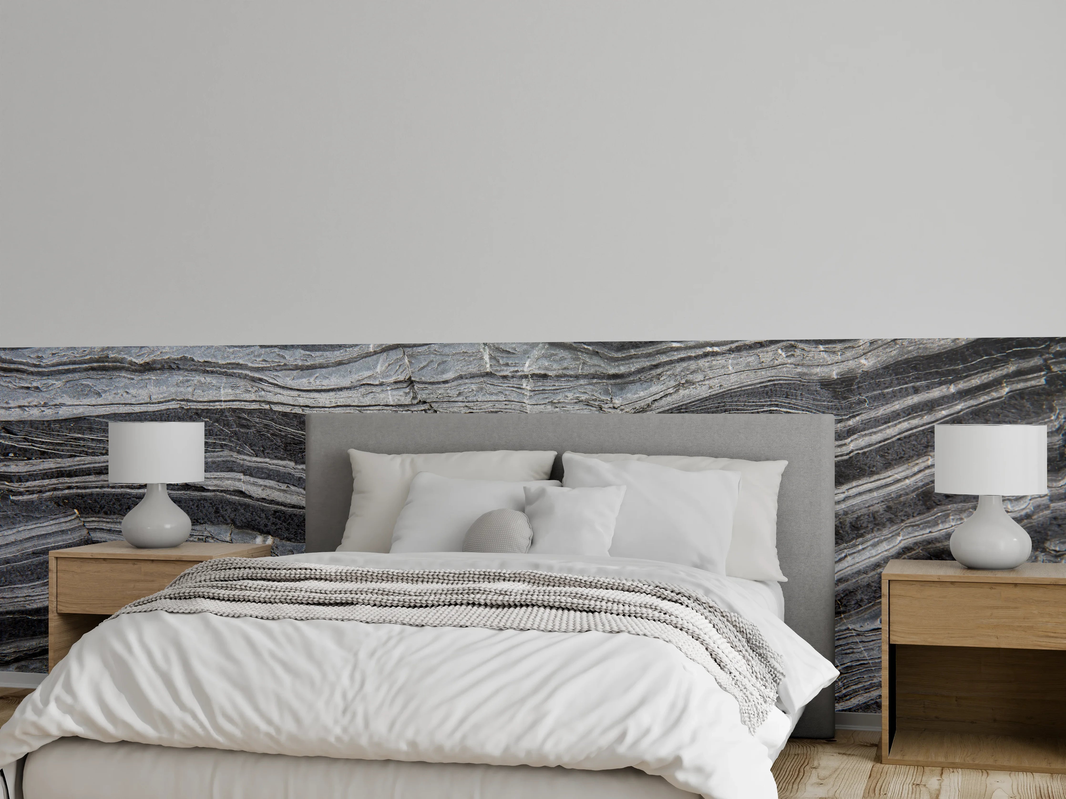 Wandverkleidung Schlafzimmer - Graue Marmorstruktur mit feinen Linien