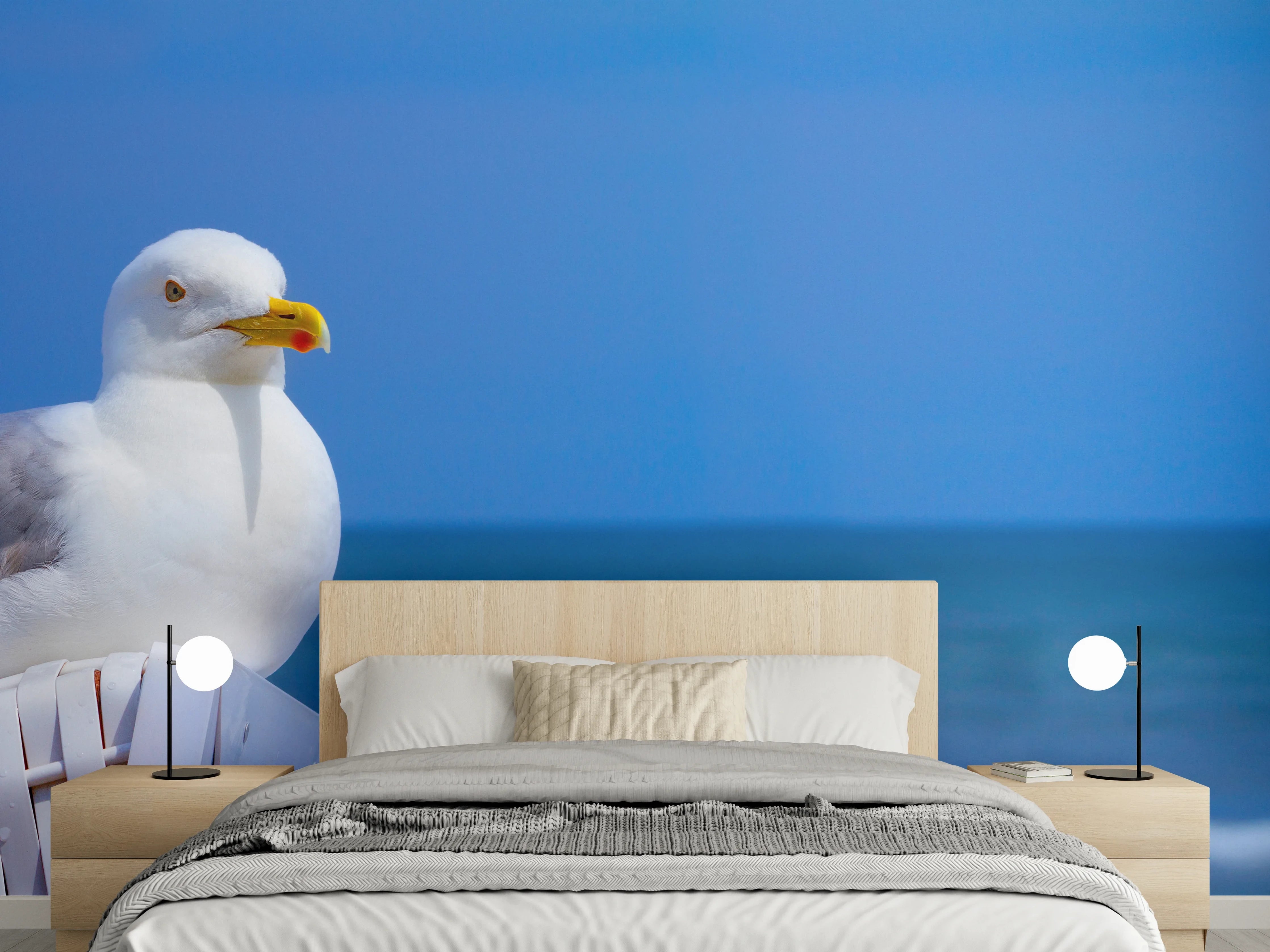 Wandverkleidung Schlafzimmer - Graue Möwe ruht auf Strandkorb