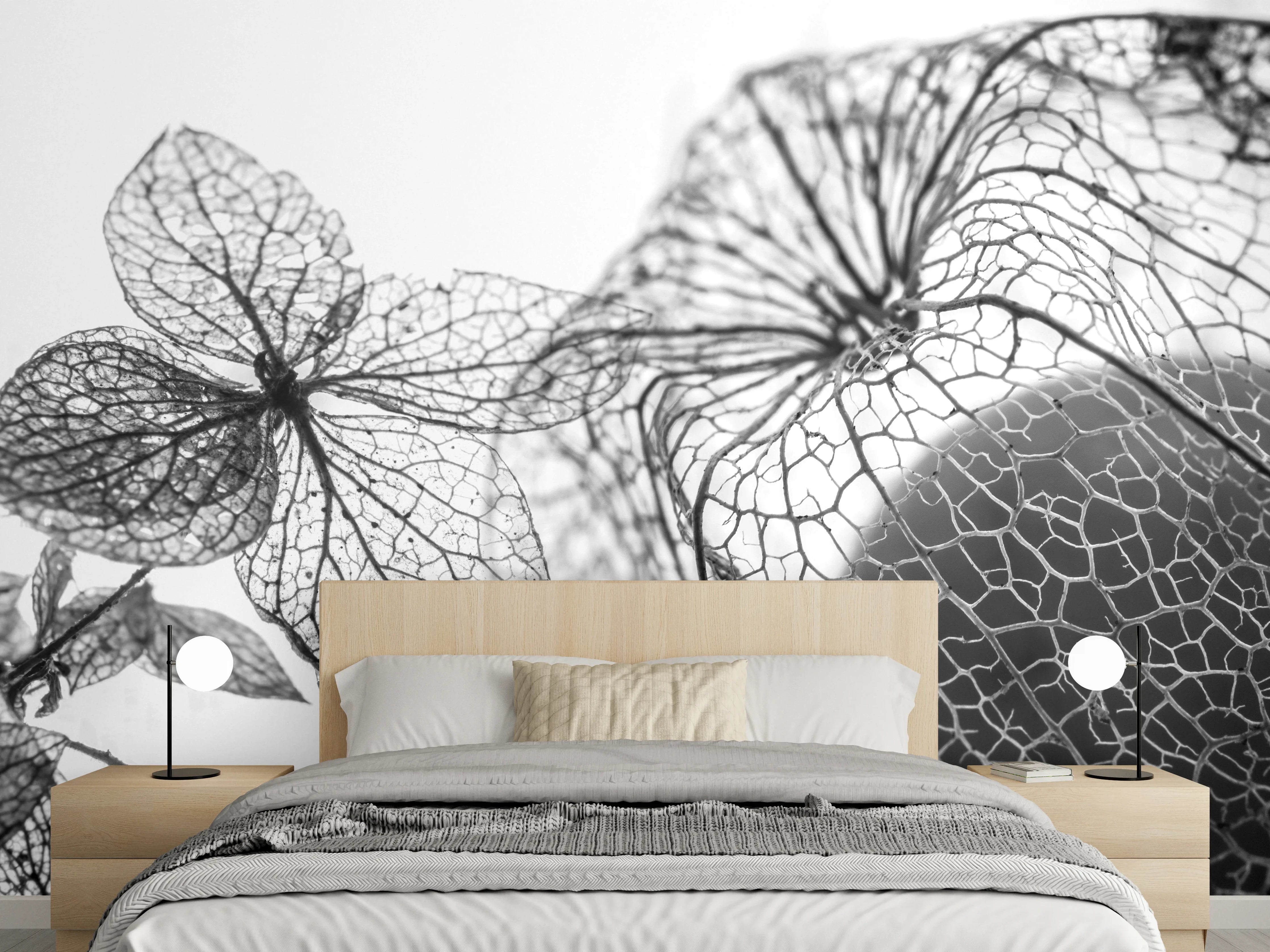 Wandverkleidung Schlafzimmer - Graue Nuancen feiner Blütenkunst