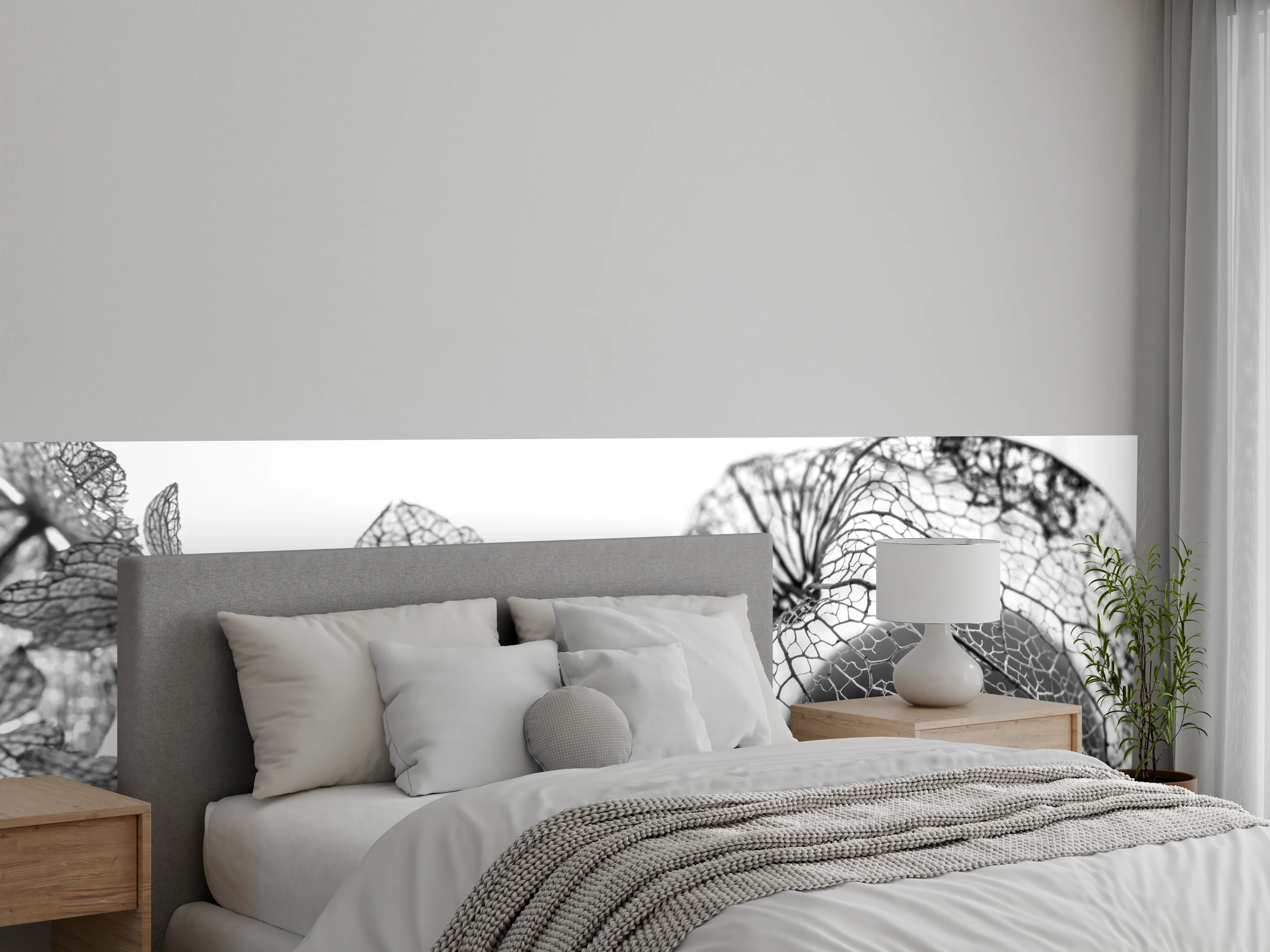 Wandverkleidung Schlafzimmer - Graue Nuancen feiner Blütenkunst