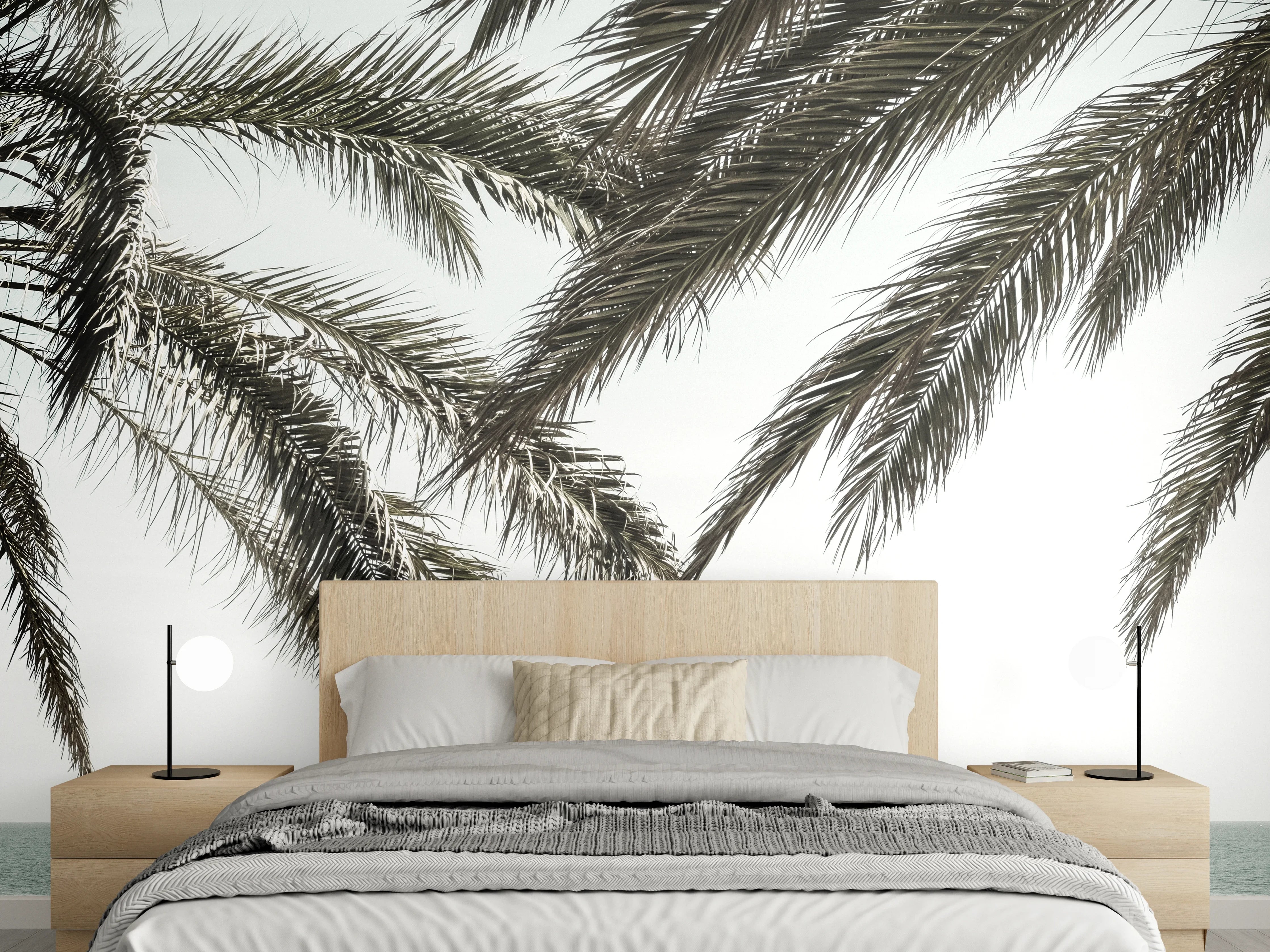 Wandverkleidung Schlafzimmer - Graue Palmen am weißen Strand