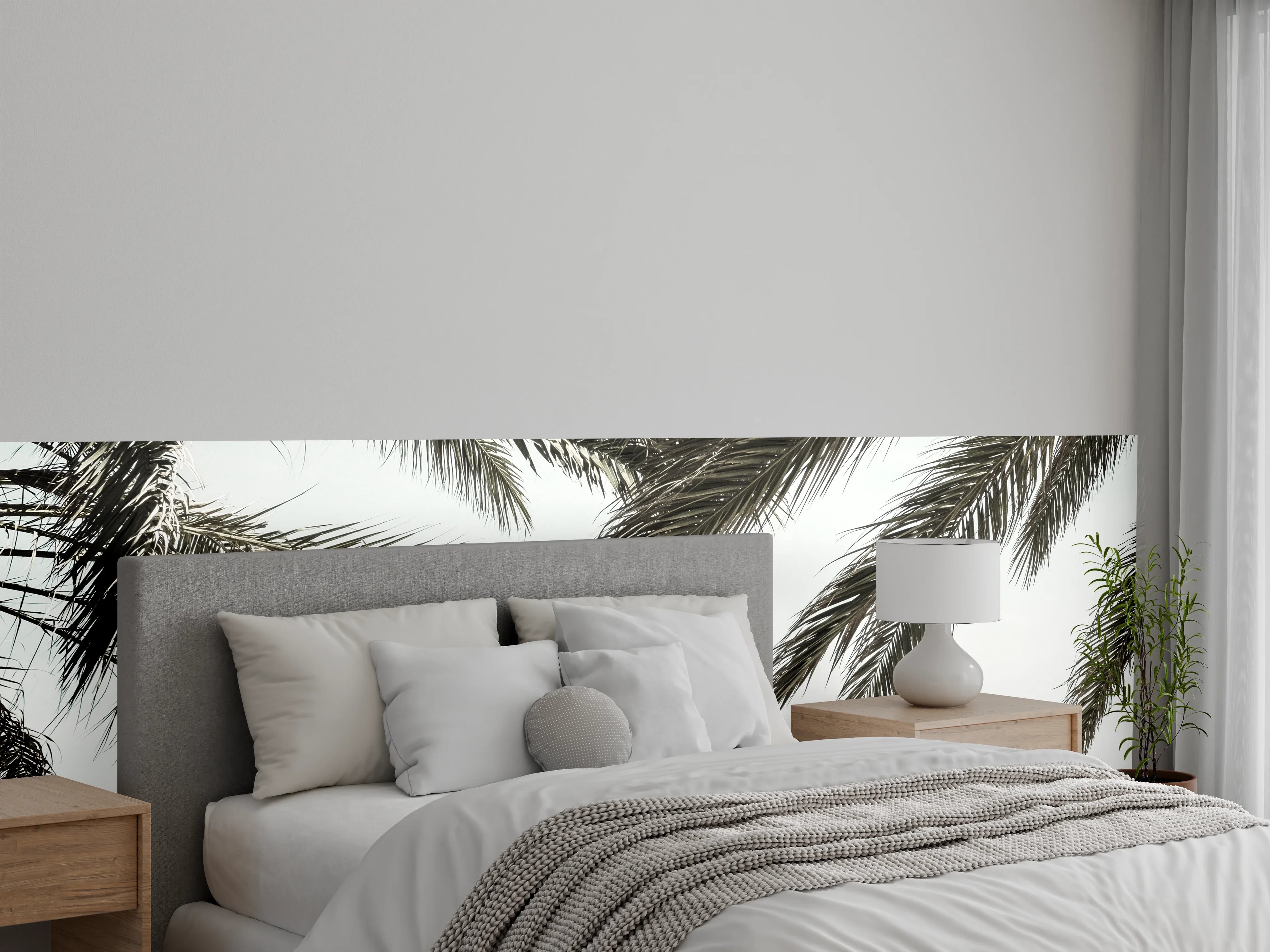 Wandverkleidung Schlafzimmer - Graue Palmen am weißen Strand