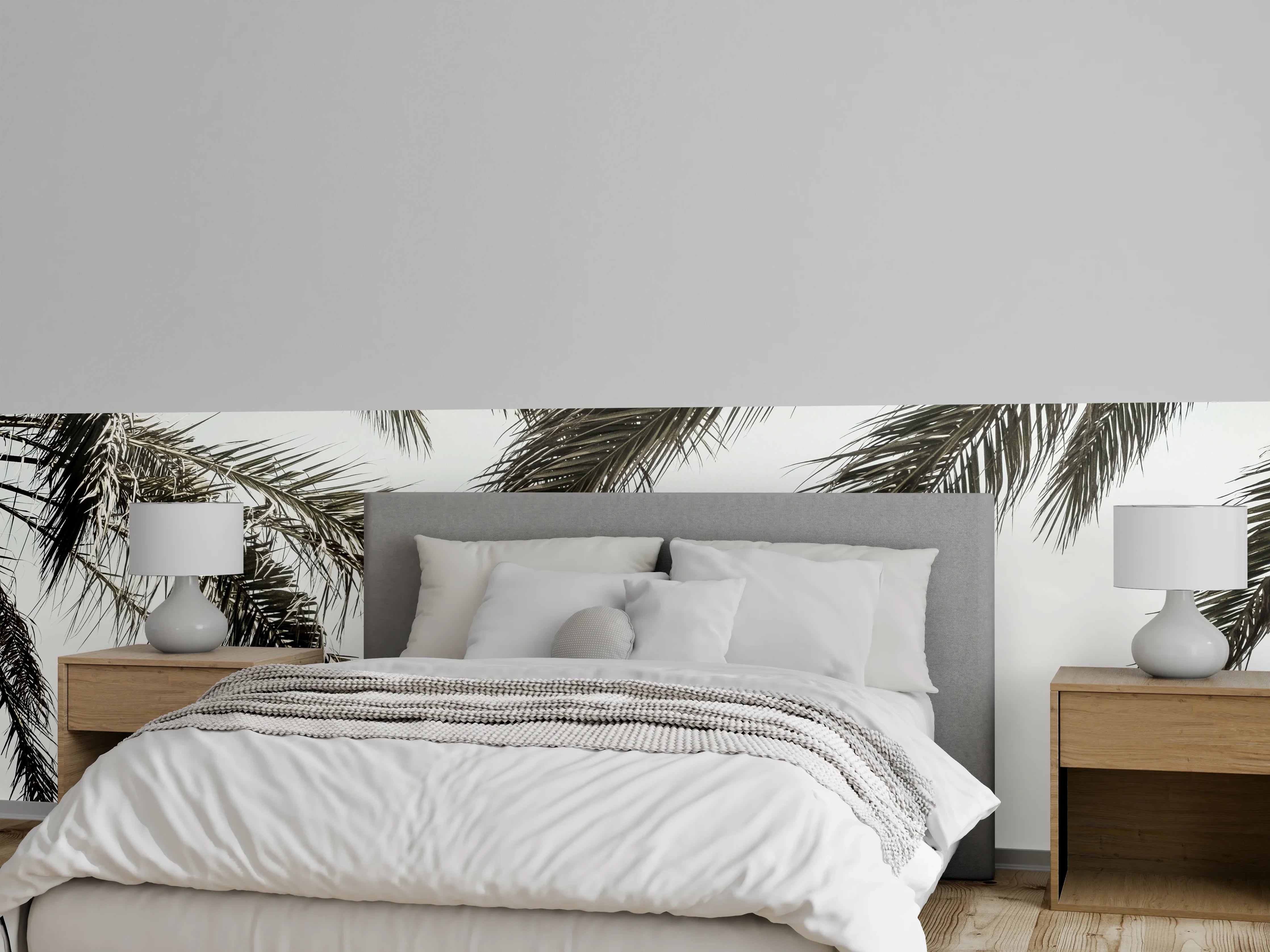 Wandverkleidung Schlafzimmer - Graue Palmen am weißen Strand