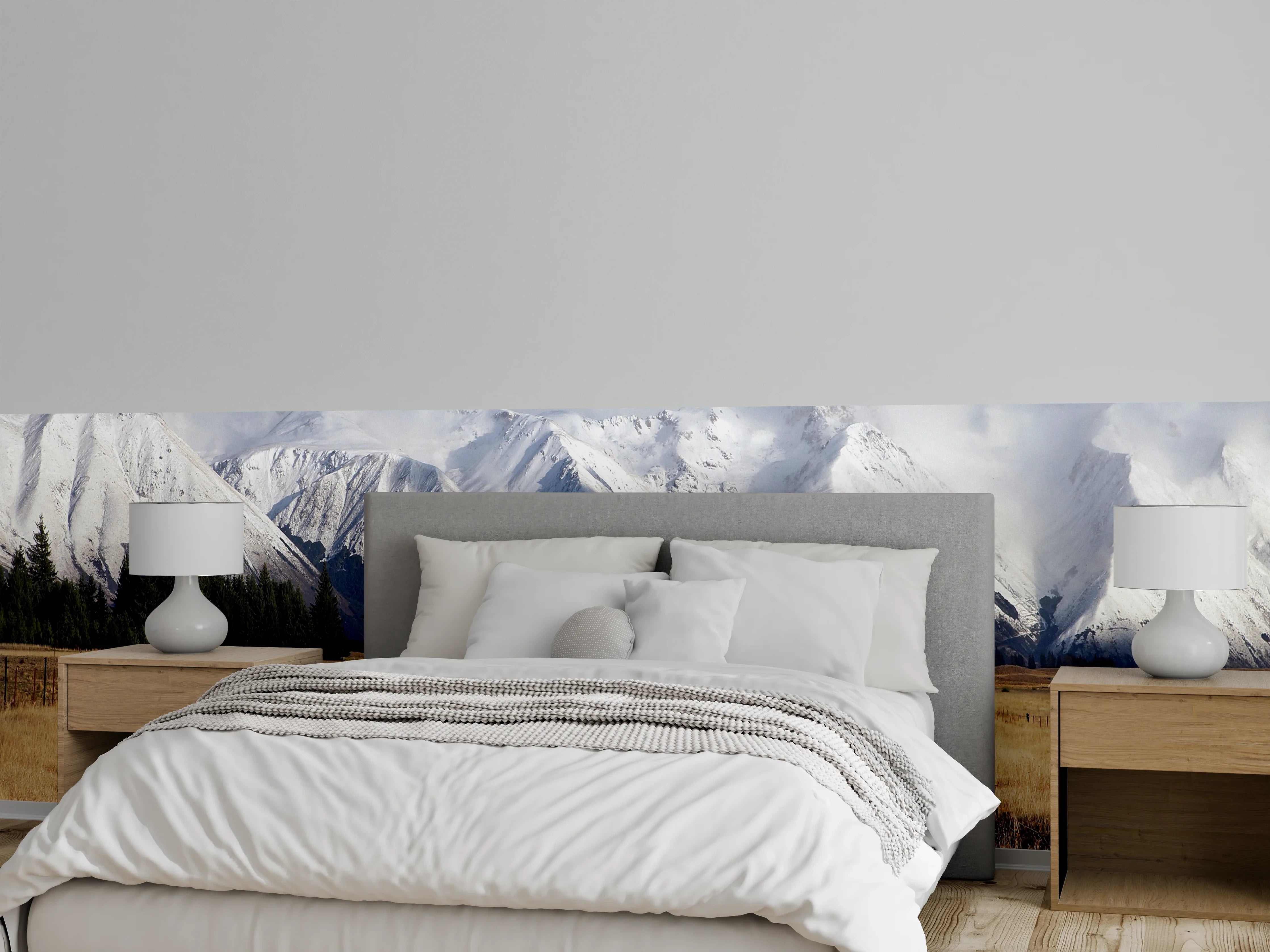 Wandverkleidung Schlafzimmer - Graue Pfade vor weißen Gipfeln