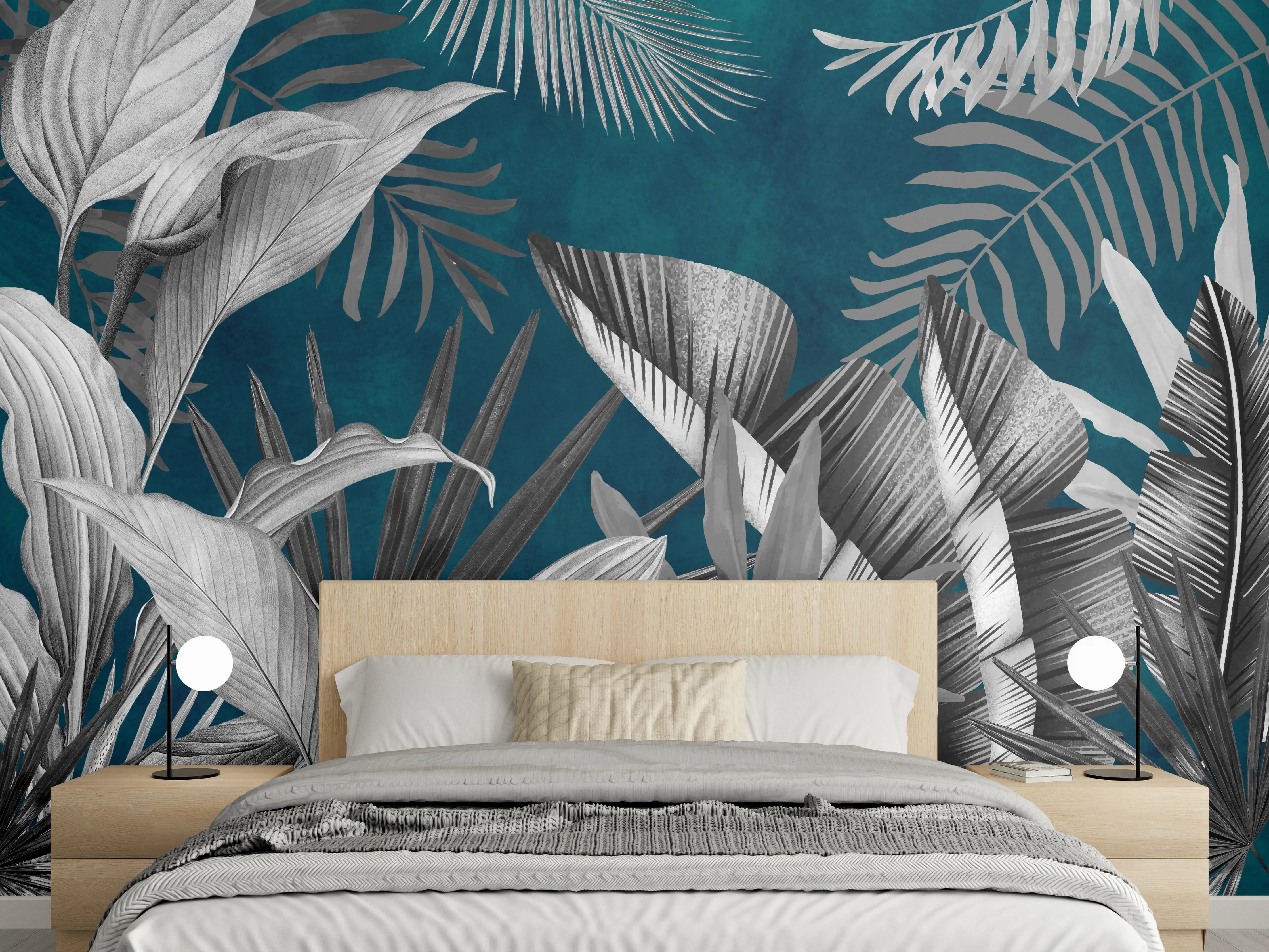 Wandverkleidung Schlafzimmer - Graue Pflanzen auf blauem Hintergrund