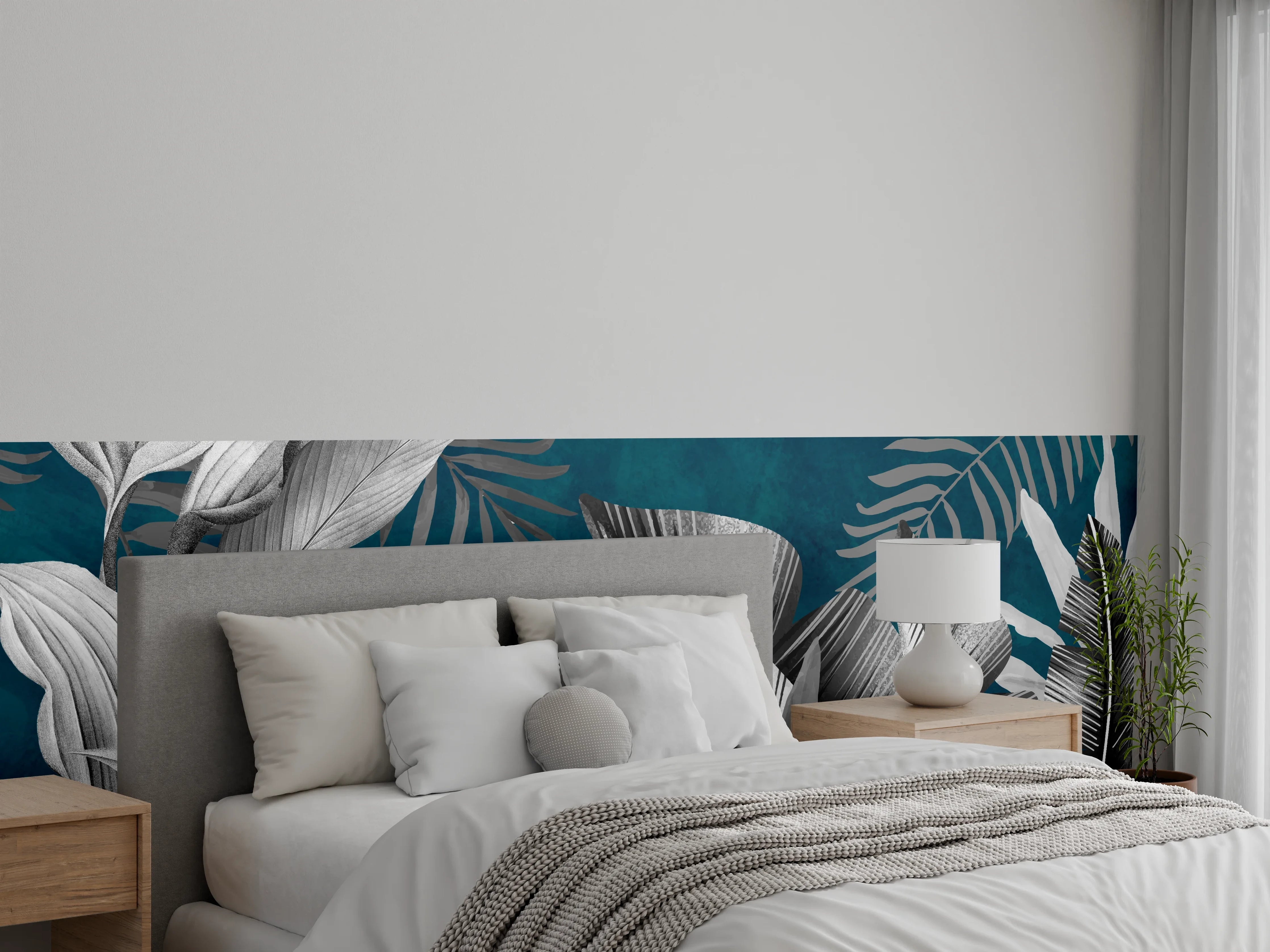 Wandverkleidung Schlafzimmer - Graue Pflanzen auf blauem Hintergrund