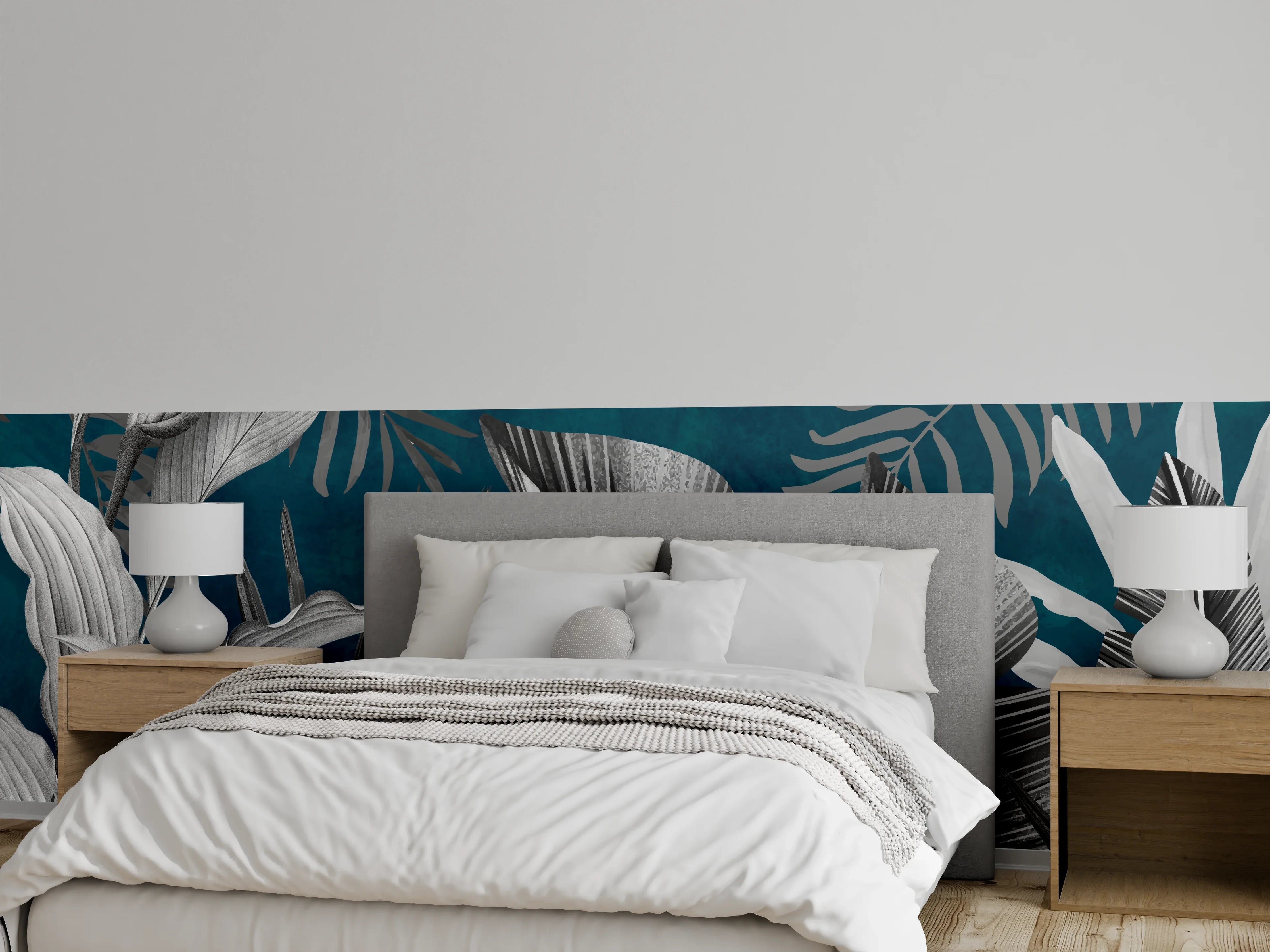 Wandverkleidung Schlafzimmer - Graue Pflanzen auf blauem Hintergrund