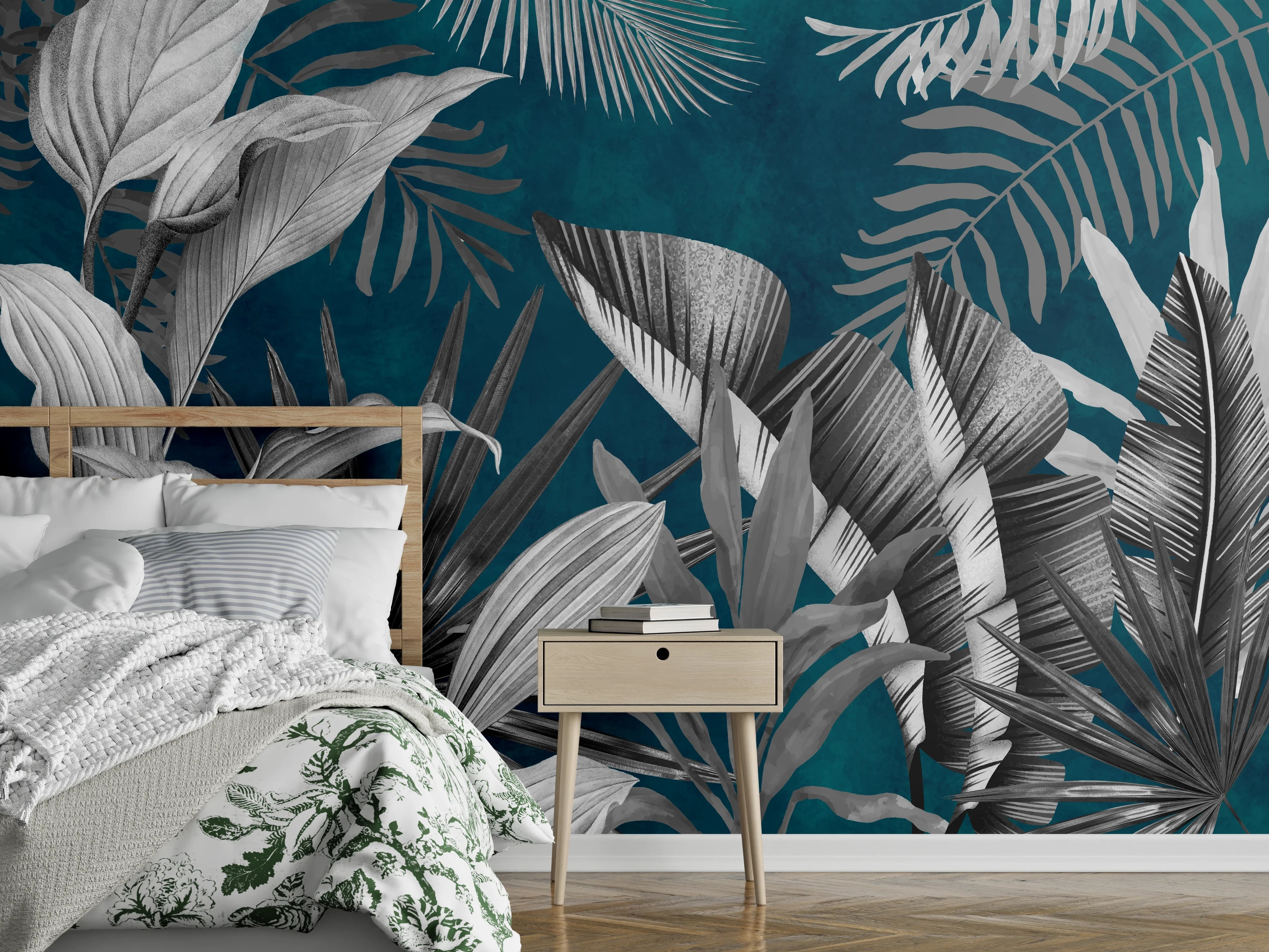 Wandverkleidung Schlafzimmer - Graue Pflanzen auf blauem Hintergrund
