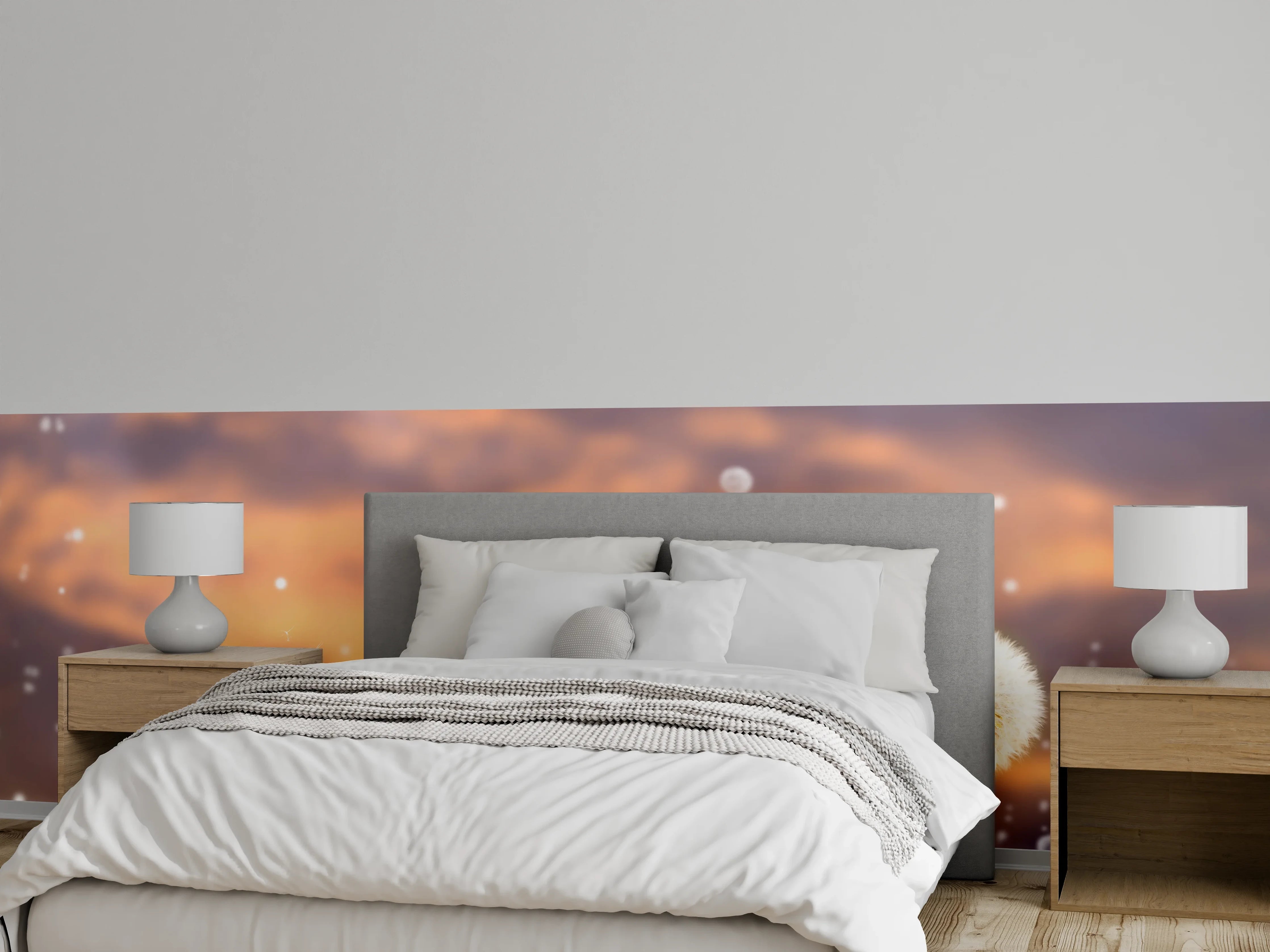 Wandverkleidung Schlafzimmer - Graue Pusteblume im Abendlicht