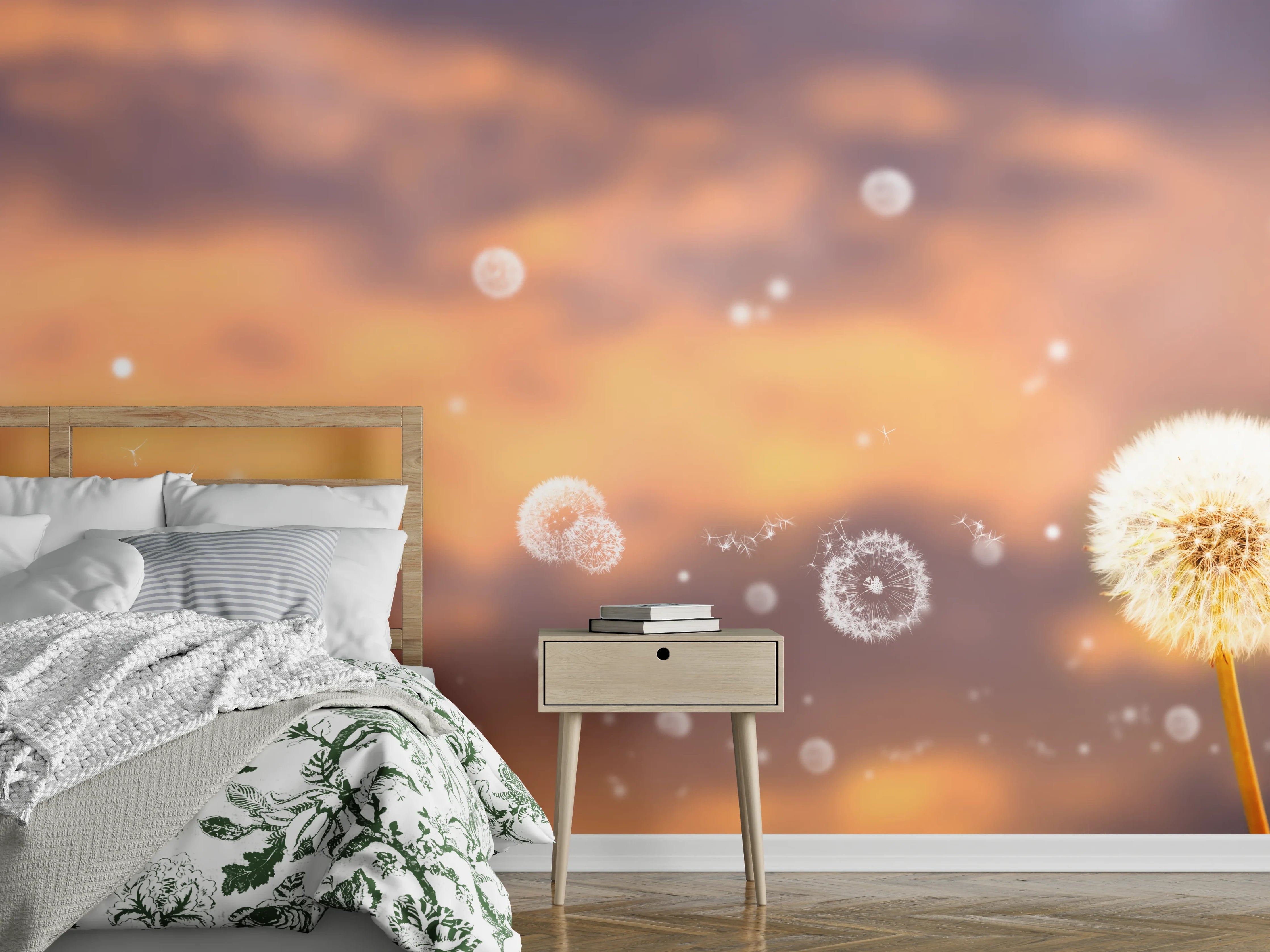 Wandverkleidung Schlafzimmer - Graue Pusteblume im Abendlicht