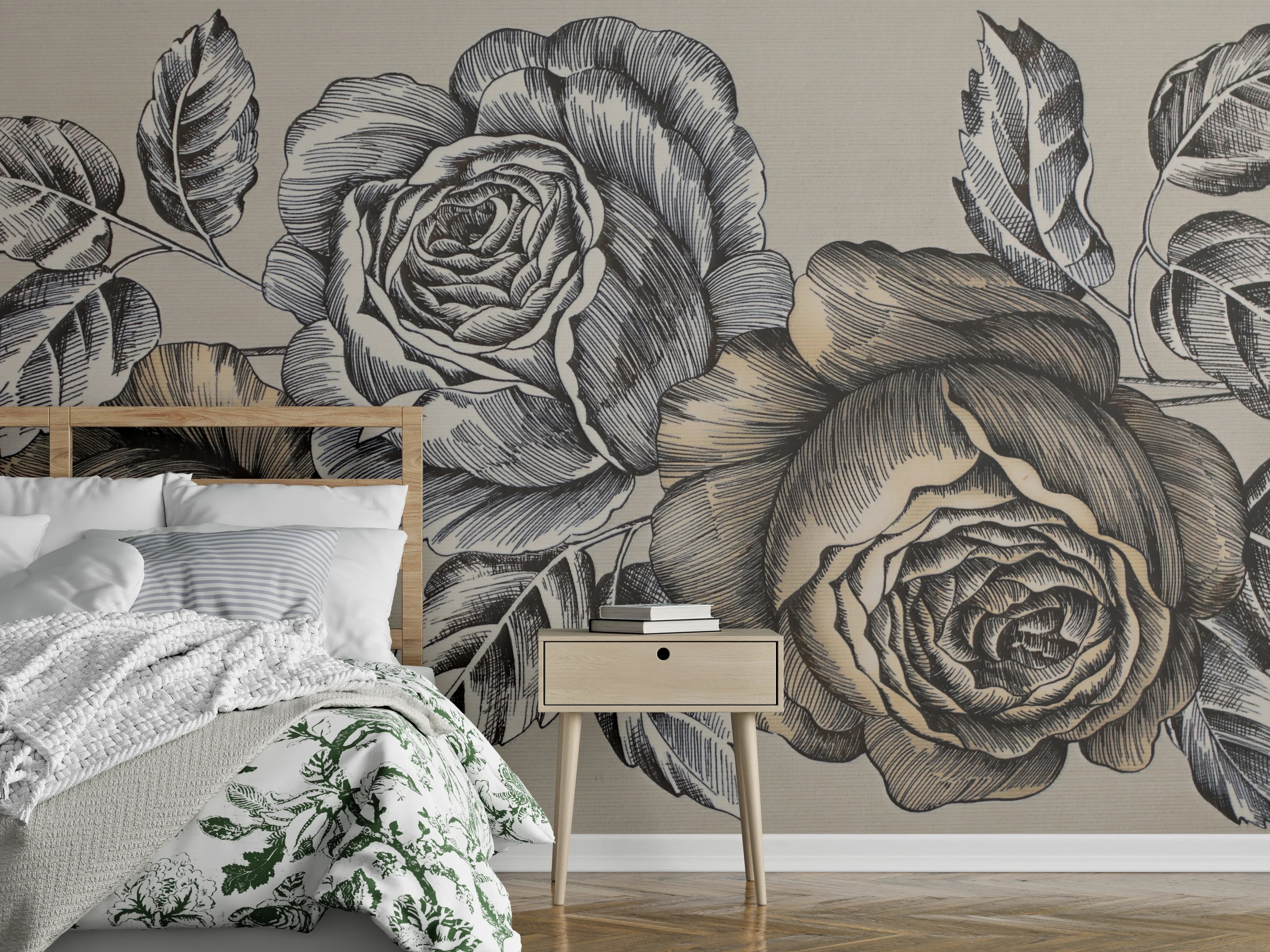 Wandverkleidung Schlafzimmer - Graue Rosenkunst auf beigem Grund