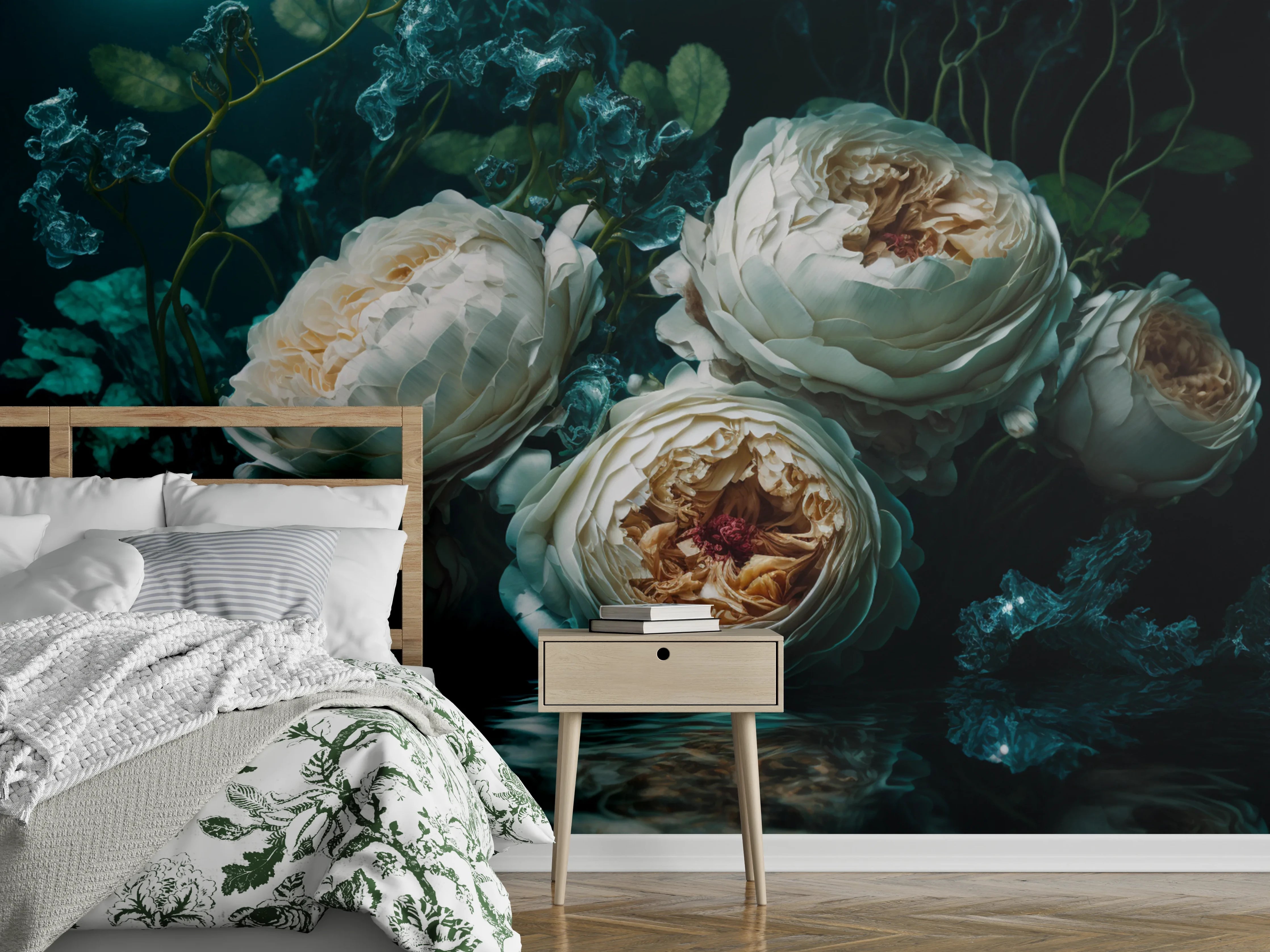 Wandverkleidung Schlafzimmer - Graue Schatten weißer Pfingstrosen