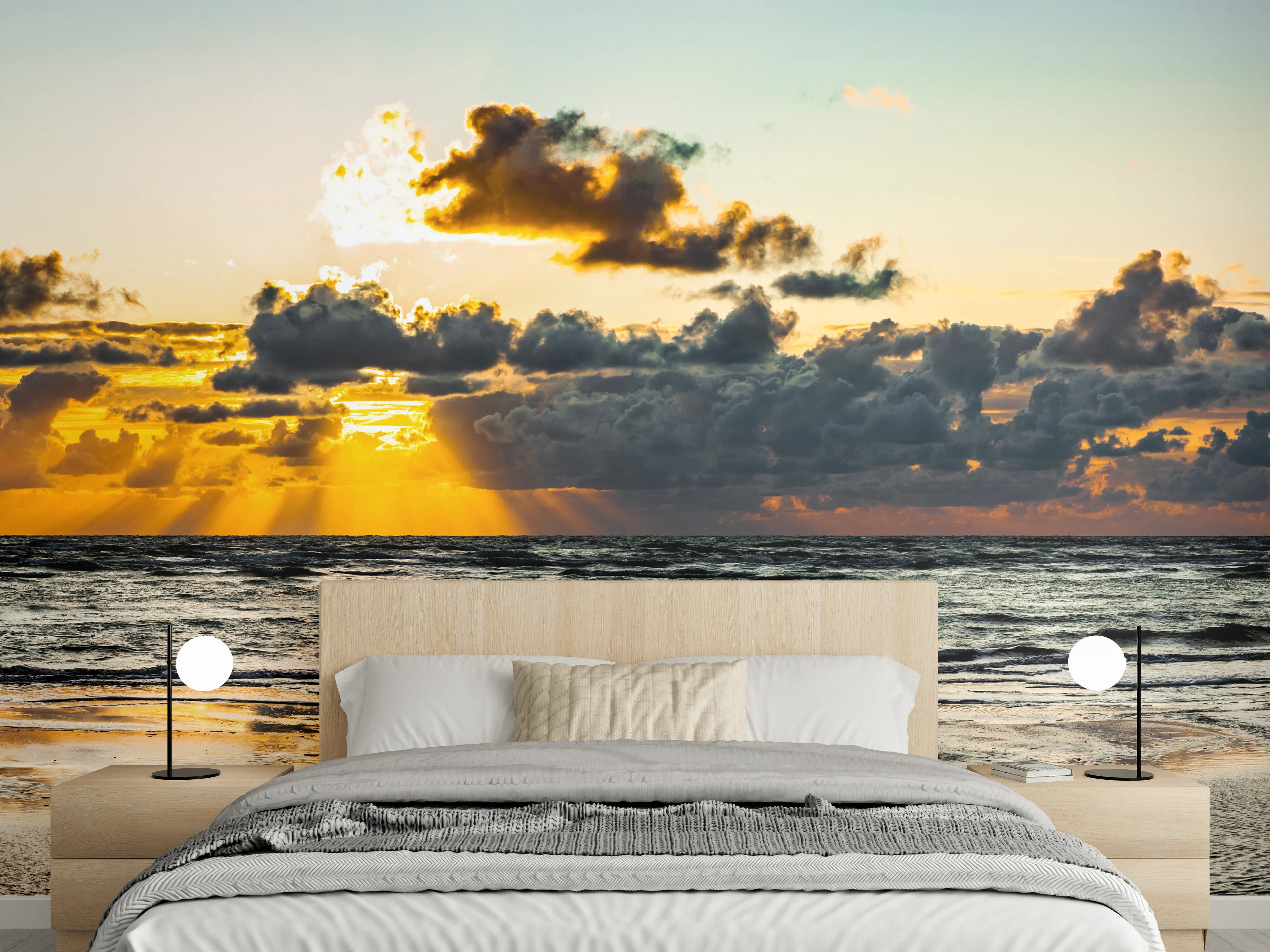 Wandverkleidung Schlafzimmer - Graue Silhouetten am Küstenabend