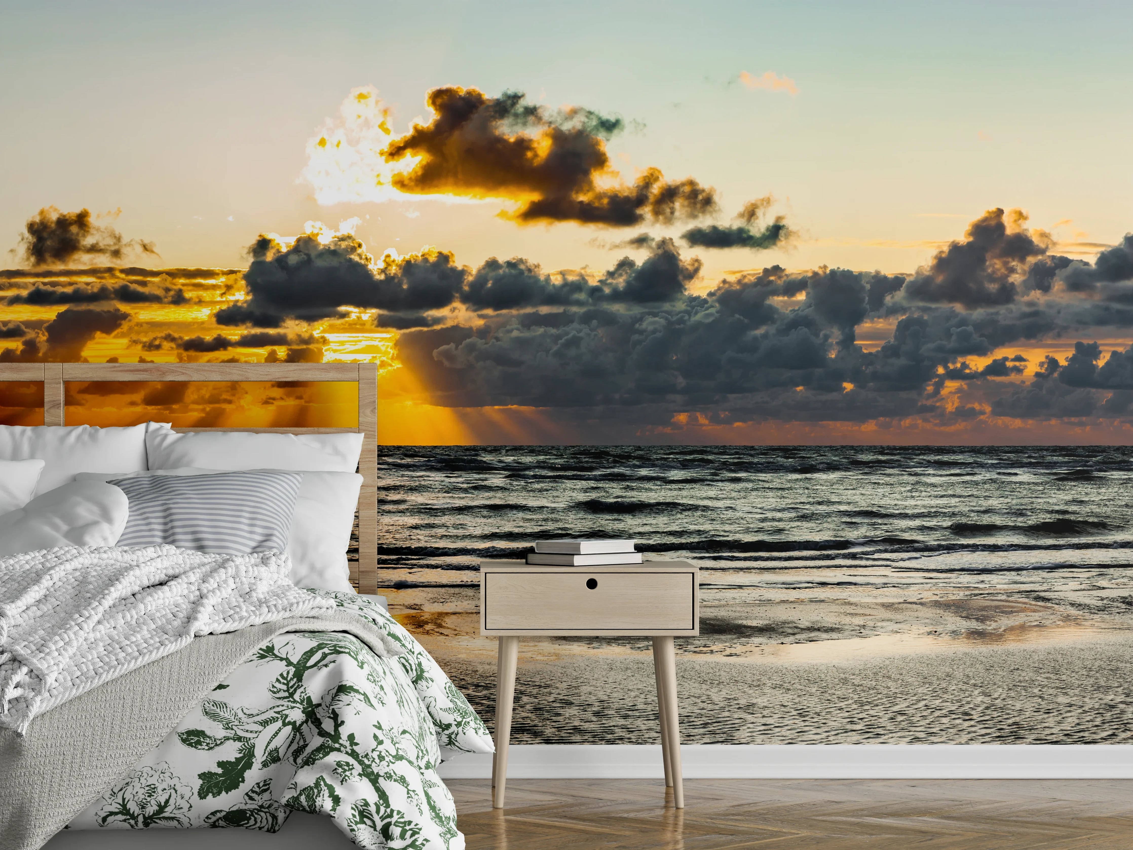 Wandverkleidung Schlafzimmer - Graue Silhouetten am Küstenabend